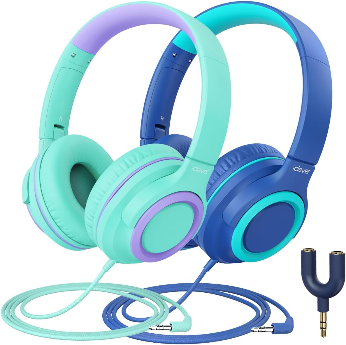 2Pack 85dBA HS22 3.5mm iClever Kids Headphones with Sharing Splitter - Safe Volume Limited - Wired Headphones for Kids