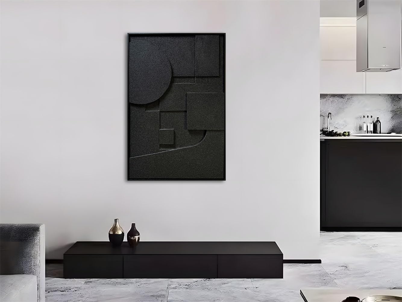 Slyart Black Textured Wall Art - Handmade 3D Abstract Relief Painting | Framed Vertical Art 24x36 Inch