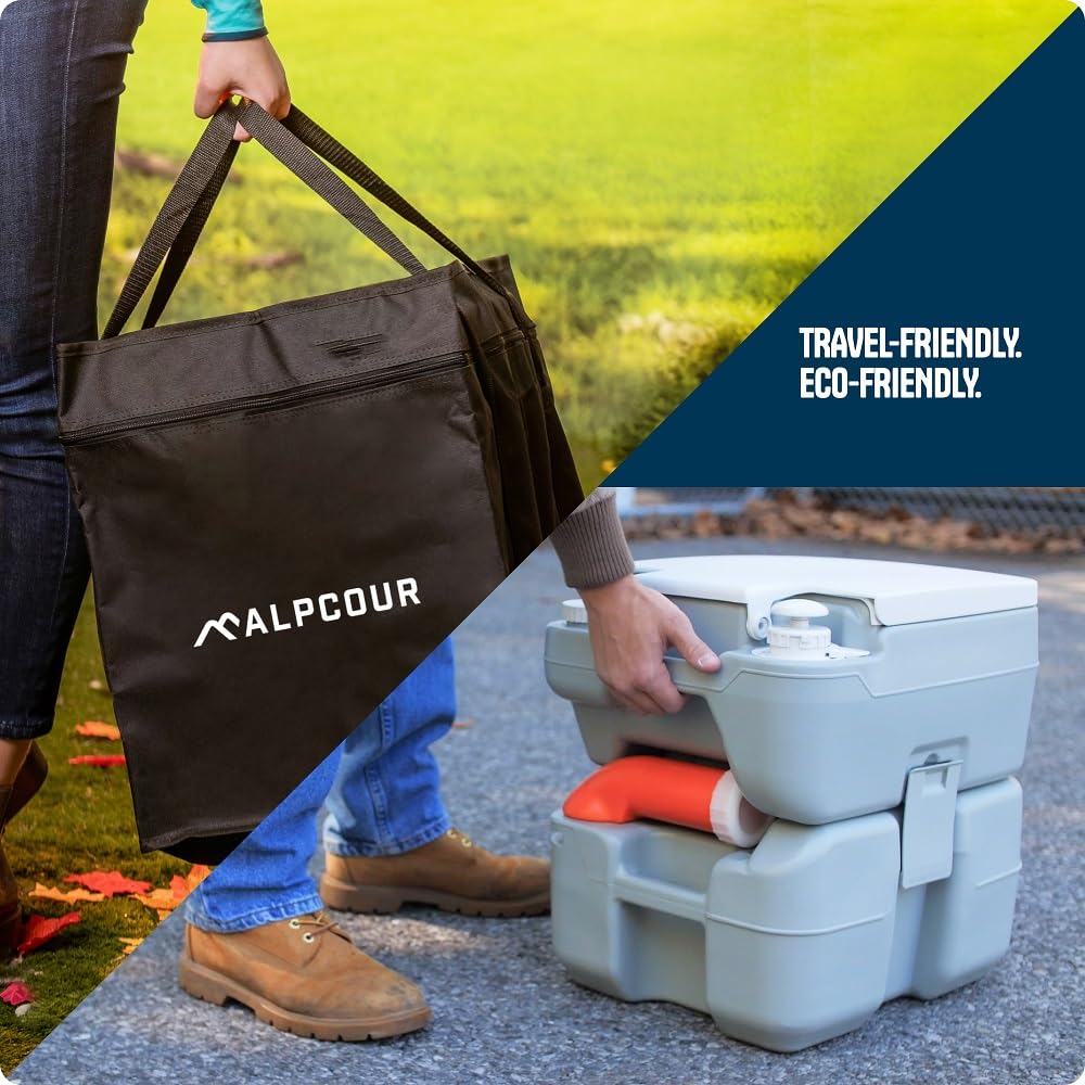 Alpcour Portable Toilet – Compact Indoor & Outdoor Commode w/Travel Bag for Camping, RV, Boat – Piston Pump Flush, 6 Gallon Waste Tank, Built-In Pour Spout & Washing Sprayer for Easy Cleaning