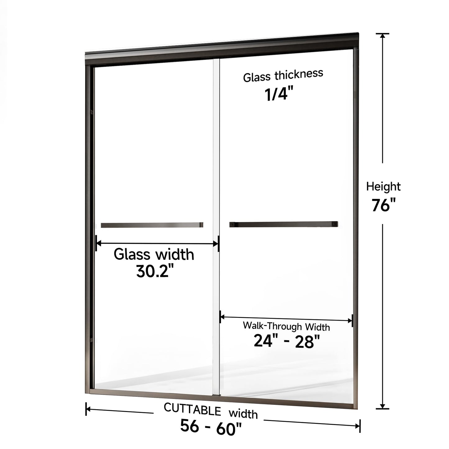 Double Sliding Shower Door 56-60 in W x 76 in H, 1/4"(6mm) Tempered Glass with Explosion-Proof Film and Nano Coating，Matte Black Semi-Frameless Shower Door