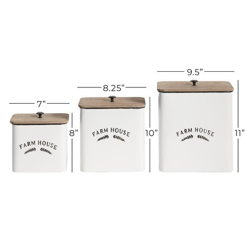 Deco 79 Metal Decorative Canisters Farm House Containers with Wood Lids and Black Accents, Set of 3 Keepsake Boxes 11", 9", 7"H, White