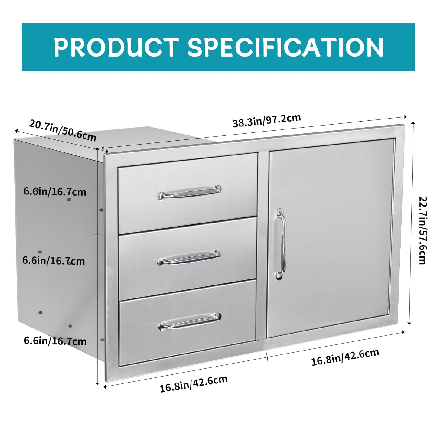 Outdoor Kitchen Door Drawer Combo Cabinet,38.1W x 22.6H x 20.8D Stainless Steel with Handles,Triple Drawers & BBQ Access Combo for Outdoor Kitchen Island (Drawer with Handle and Right Door Combo)