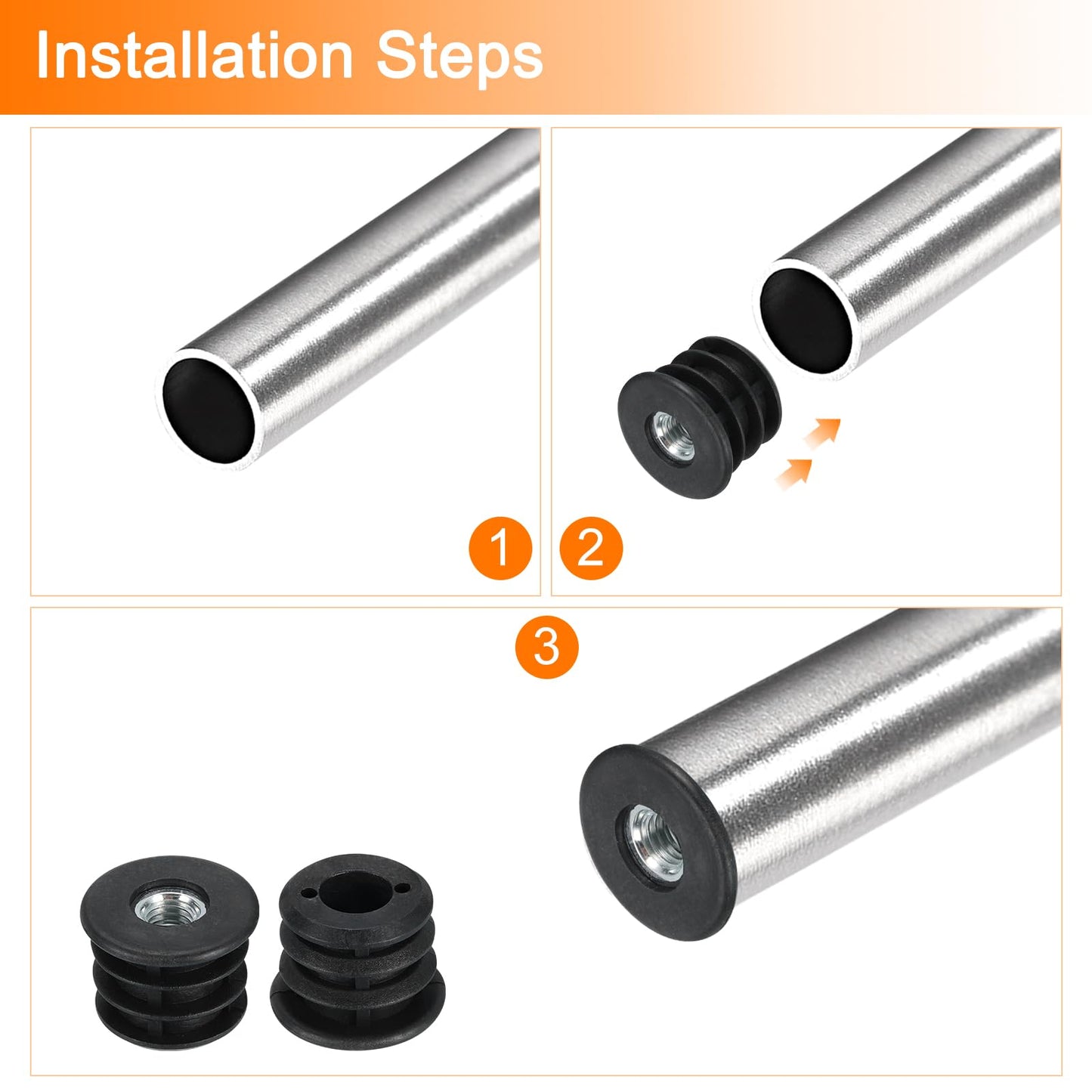 Uxcell 6-Pack Round Tube Inserts with M8 Thread, for 25mm/0.98" OD Tube, Black Plastic Plugs for Furniture Legs, Chair End Caps
