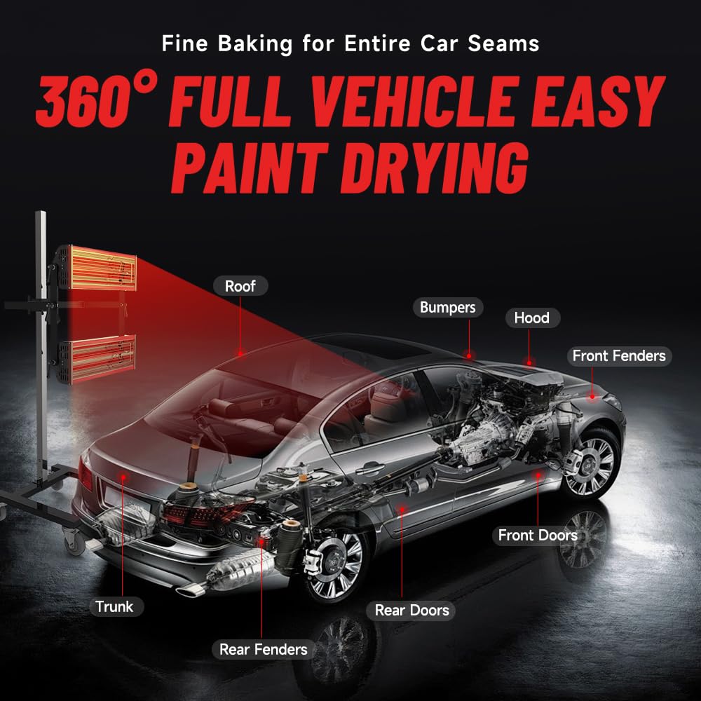 pakowin Infrared Paint Curing Lamp - 2100W 110V Short Wave Infrared Heating Light Equipped with Four Caster Wheels - with Timer and Height Adjustable - for Car Paint Booth