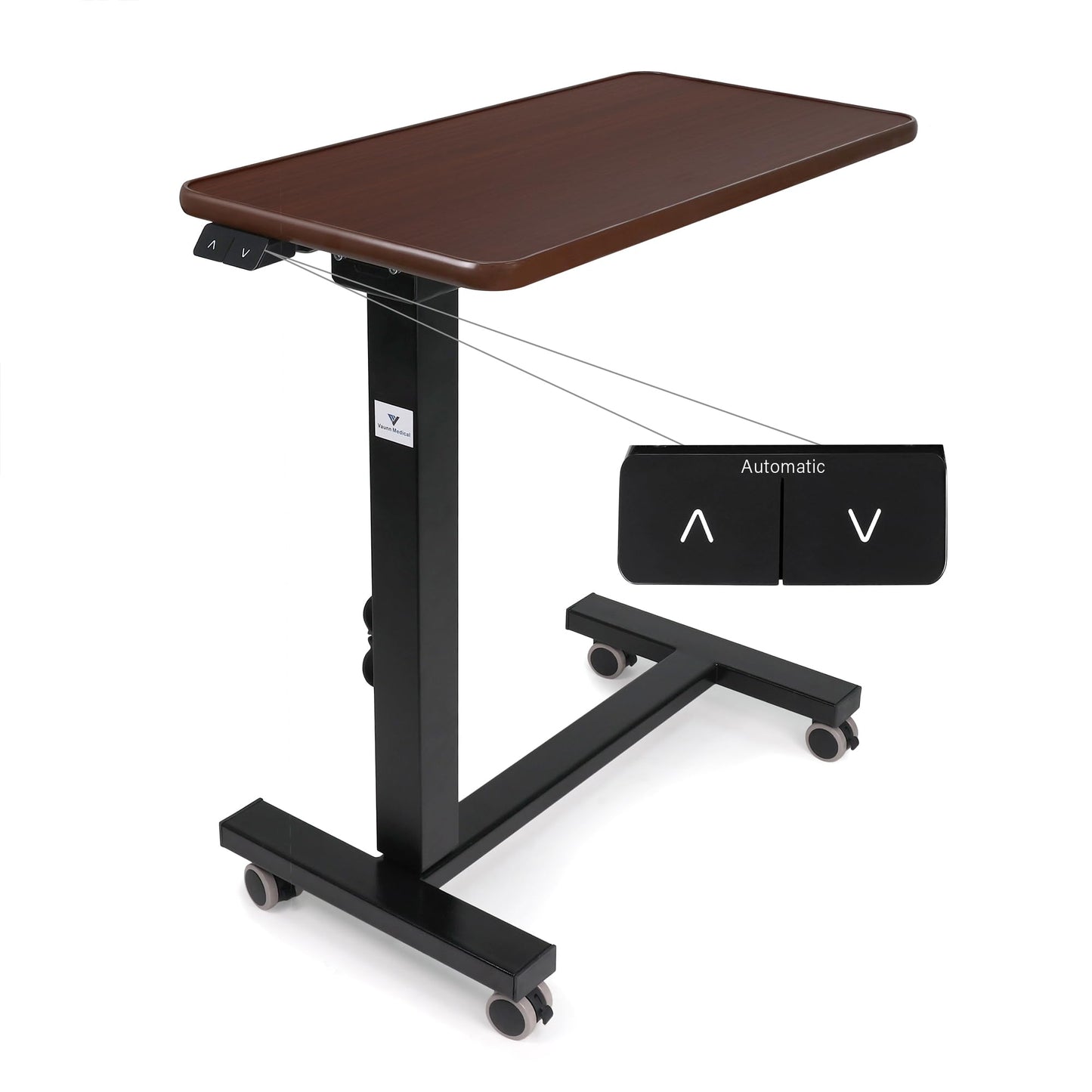 Vaunn Medical Electric Overbed Table Bedside Height Adjustable Table with Wheels (Electric-Powered, Hospital and Home Use) - Brown (Side Control Panel)