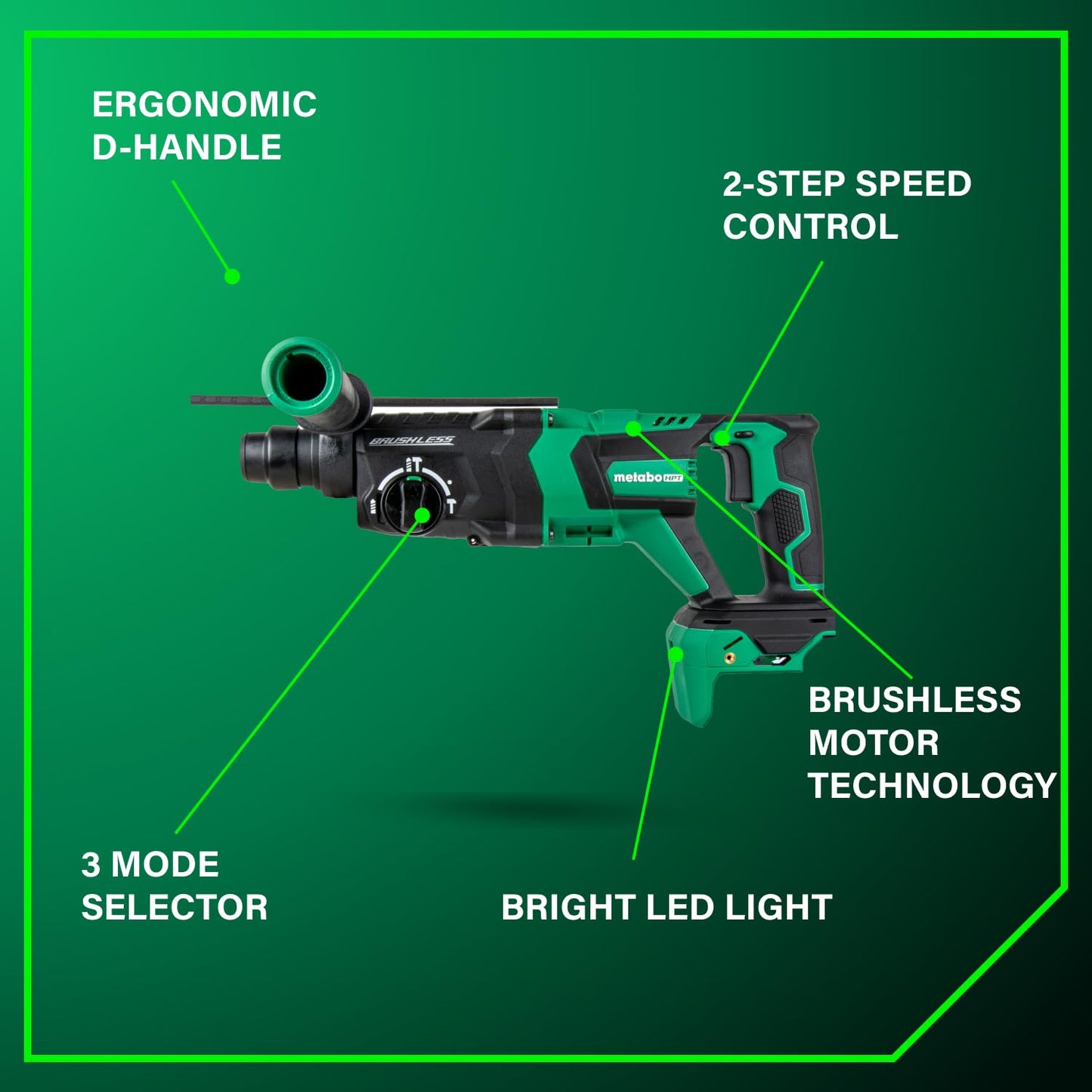 Metabo HPT 36V MultiVolt™ Brushless SDS Plus 1-1/8" D-Handle Rotary Hammer, Cordless Rotary Hammer Tool Body Only, High Impact Energy 2.3 ft-lbs, Ergonomic Design, Tool Body Only, DH3628DDQ4