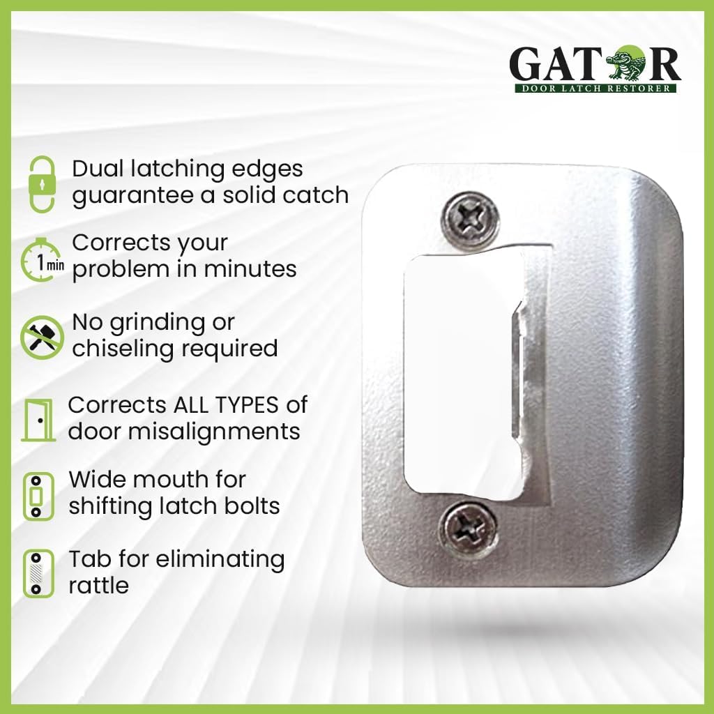 Gator Door Strike Plate with Screws, – 2-1/4" by 1-3/4" Universal Latch Restorer Alloy Steel Lock Hardware for Interior and Exterior Doors, Replacement Door Latch Plate | Satin Nickel 1-Pack