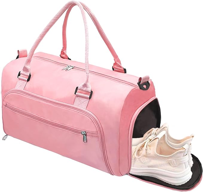 woogwin Gym Bag for Men & Women with Shoes & Wet Compartment Waterproof Duffle Bag for Travel Sports Workout Overnight Weekender(21",Pink)