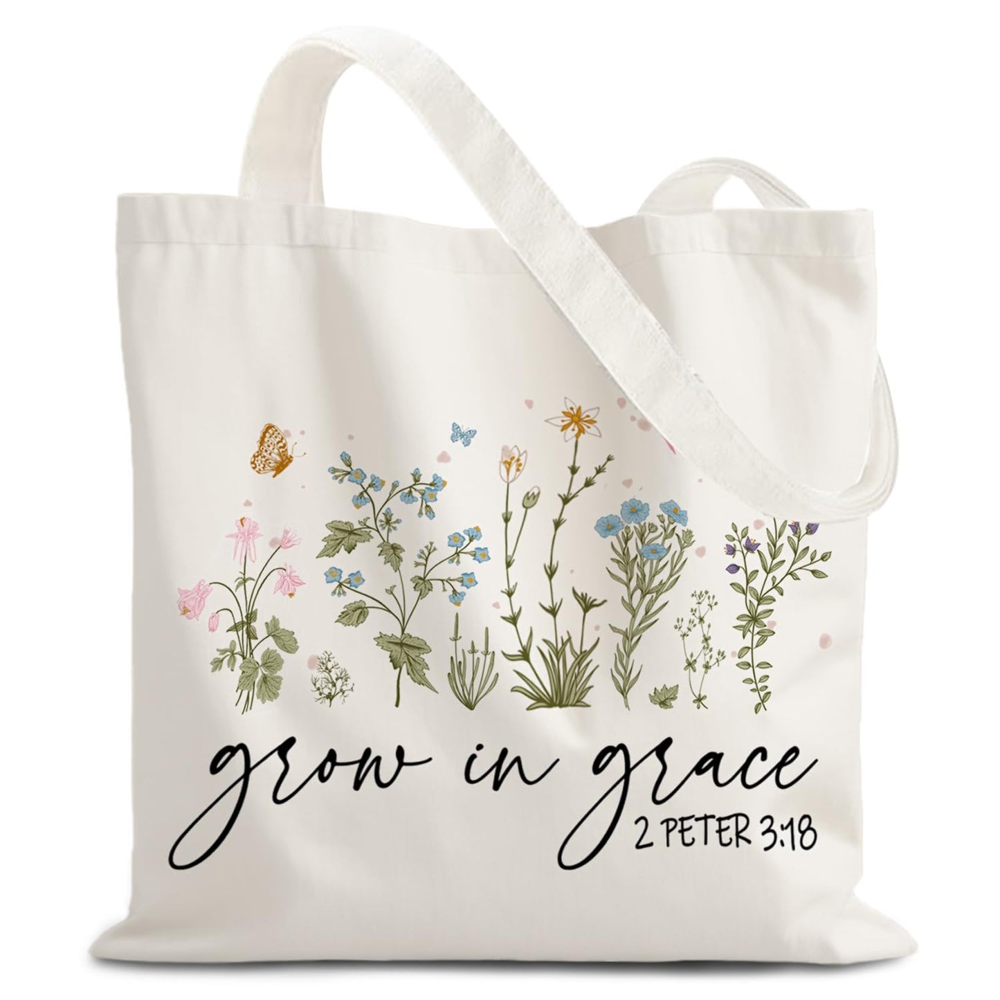 URLLUAE Boho Floral Christian Tote Bags for Women, Grow in Grace Bible Verses Canvas Tote Bag, Christian Gifts for Women, Faith Based Gifts, Reusable Shopping Grocery Bags