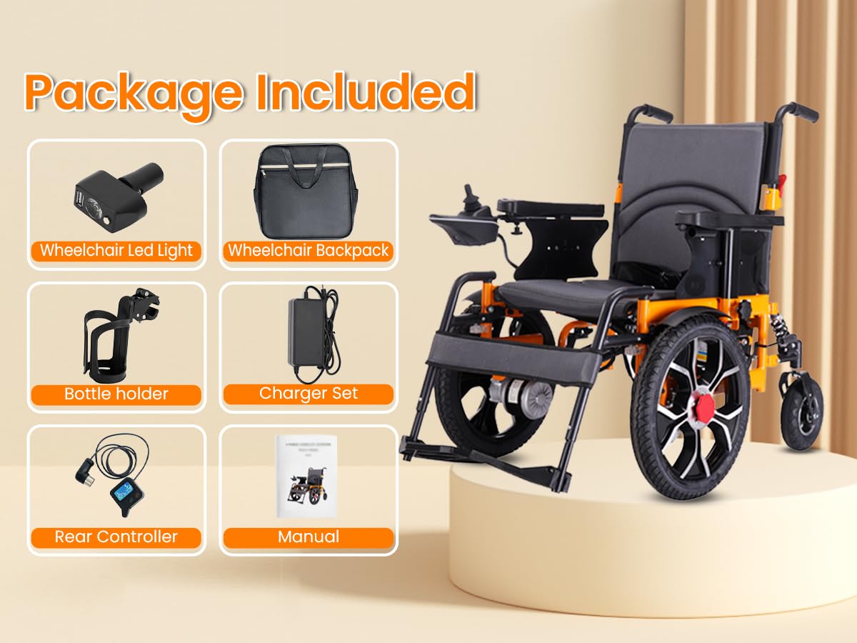 16" Big Front Wheel Electric Wheelchair, 20” Seat Width All Terrain Foldable Power Wheelchairs, Motorized Wheel Chair for Adults 330lbs, Dual Brakes, Rear Control Included, Led Light, Backpack