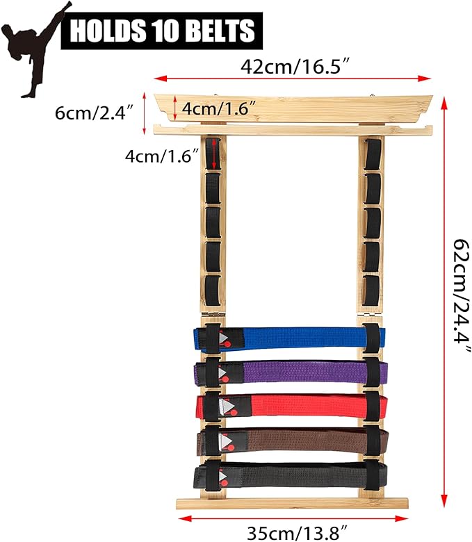 JUXYES Wall Hanging Martial Arts Belts Organizer for 10 Belts with Medal Hanger and Stickers, Bamboo Karate Belt Display Holder Rack, Taekwondo Belt Display Holder for Martial Arts Learners