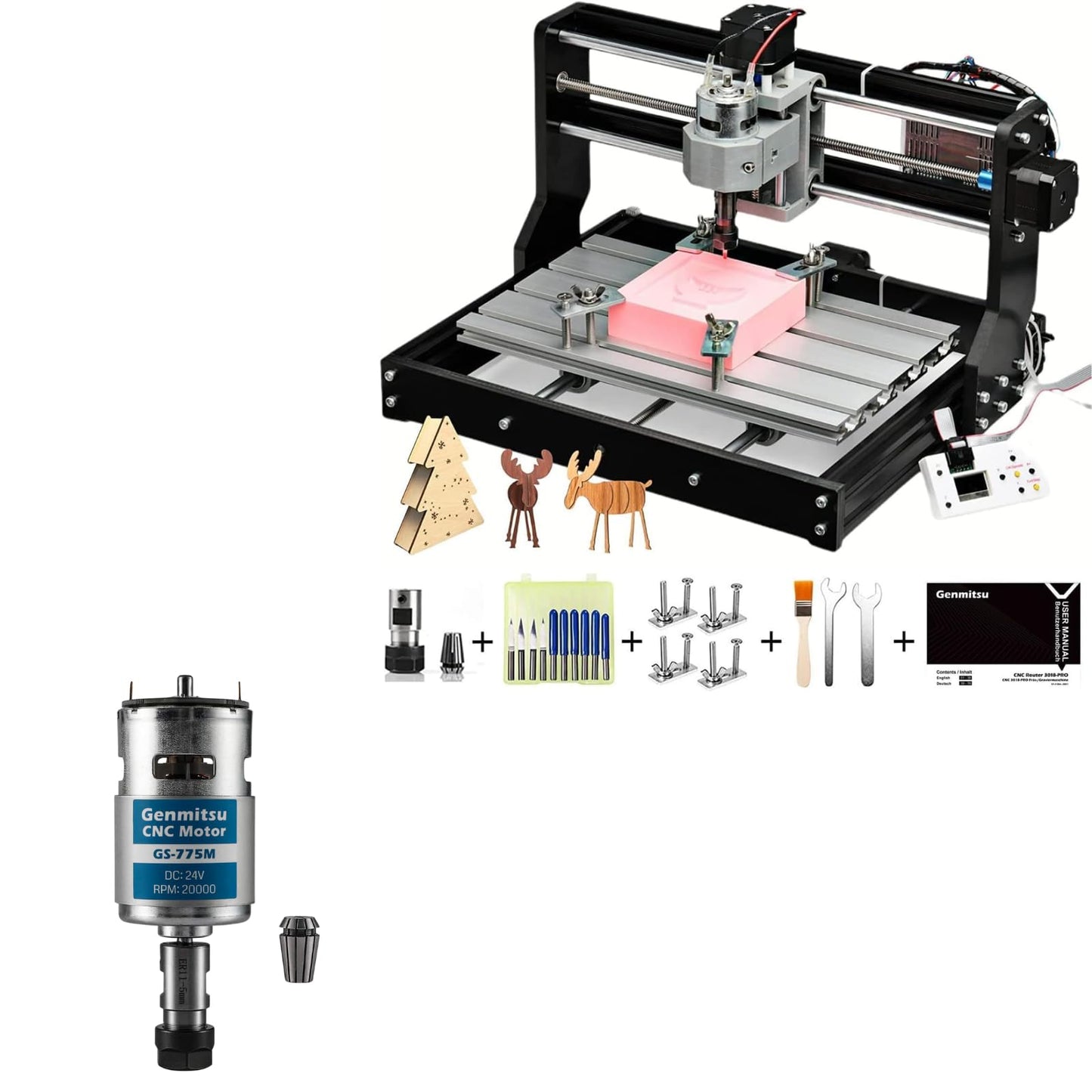 Genmitsu CNC 3018-PRO Router Kit Milling Engraving Machine + GS-775M 20000RPM 775 CNC Spindle Motor with ER11 Collet Set