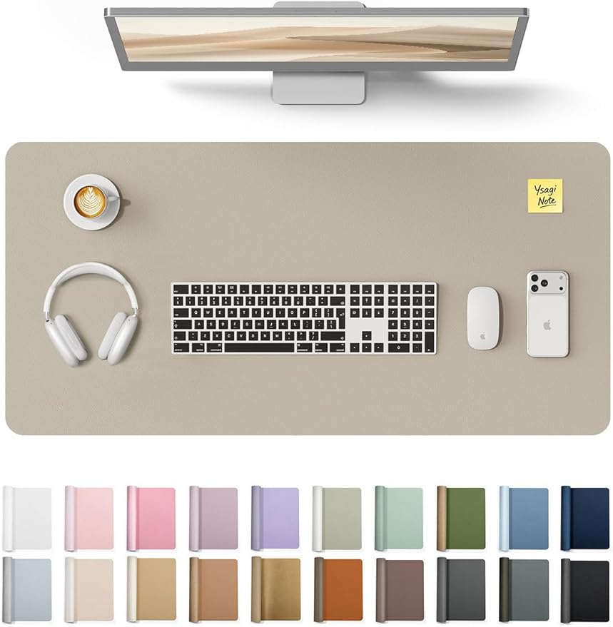YSAGi Leather Desk Pad Protector, Office Desk Mat, Large Mouse Pad, Non-Slip PU Leather Desk Blotter, Laptop Desk Pad, Waterproof Desk Writing Pad for Office and Home (Olive Beige, 35.4" x 17")