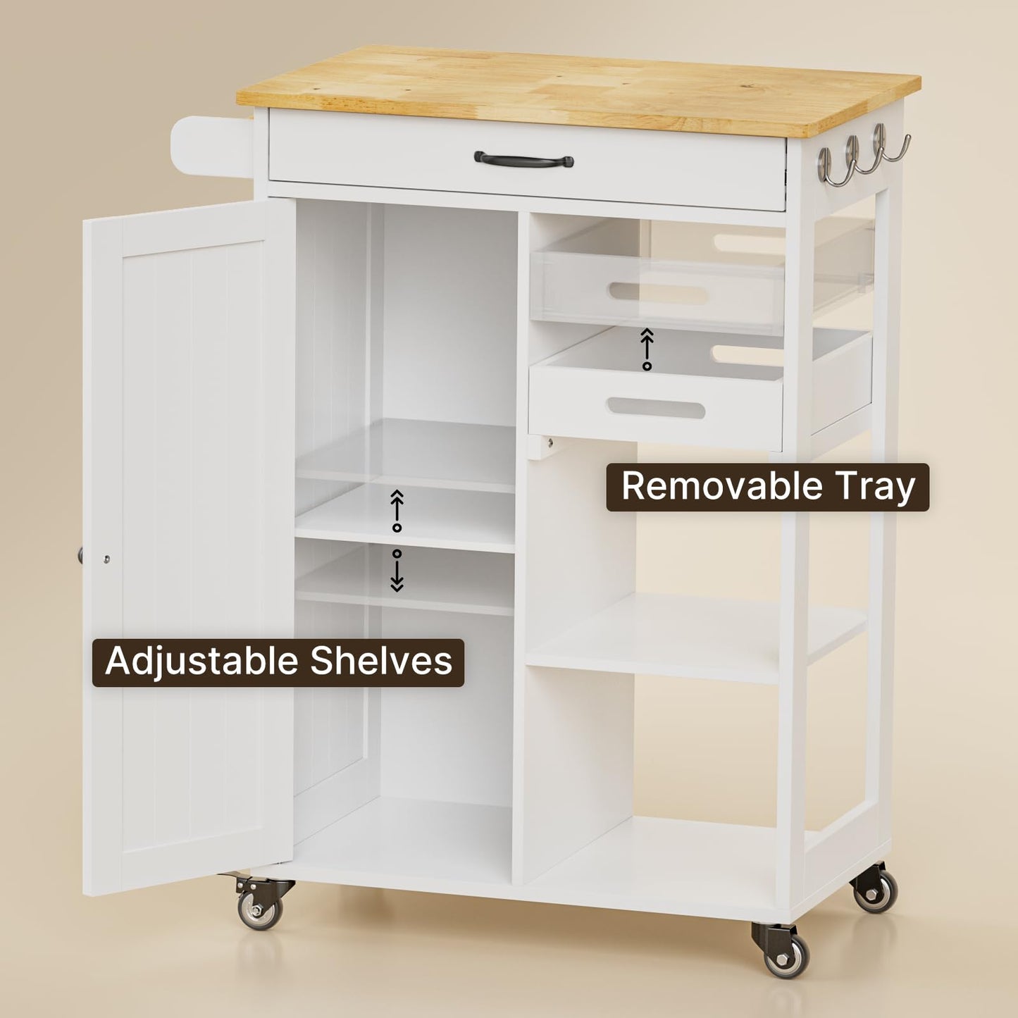 Gizoon Kitchen Island Cart with Removable Tray, 27.6''W Rolling Utility Trolley Cart with Drawer, Cabinet, Towel Rack, Hooks and 3 Open Storage Shelves, Mobile Storage Cart for Dining Room, Bar, White