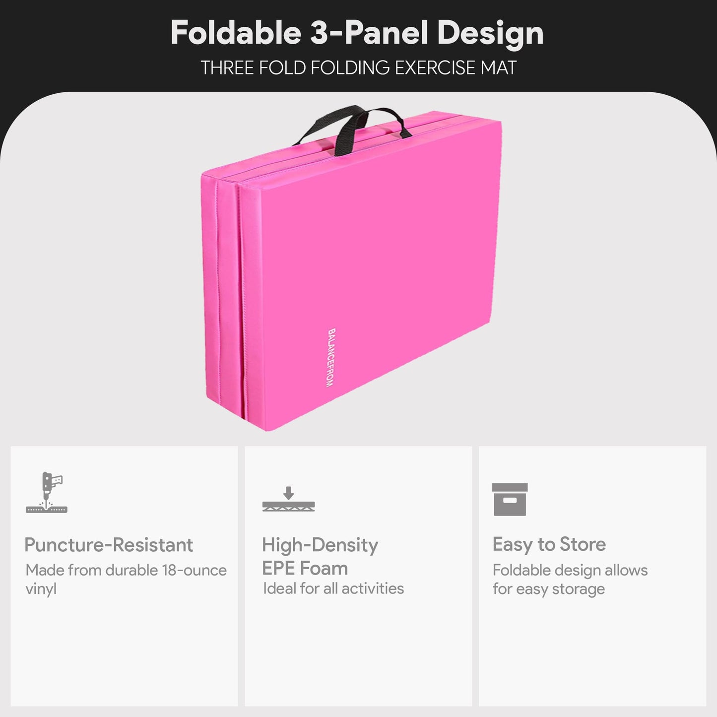 Signature Fitness Three Fold Folding Exercise Mat with Carrying Handles for MMA, Gymnastics and Home Gym Protective Flooring, 1.5-Inch Thick, Pink
