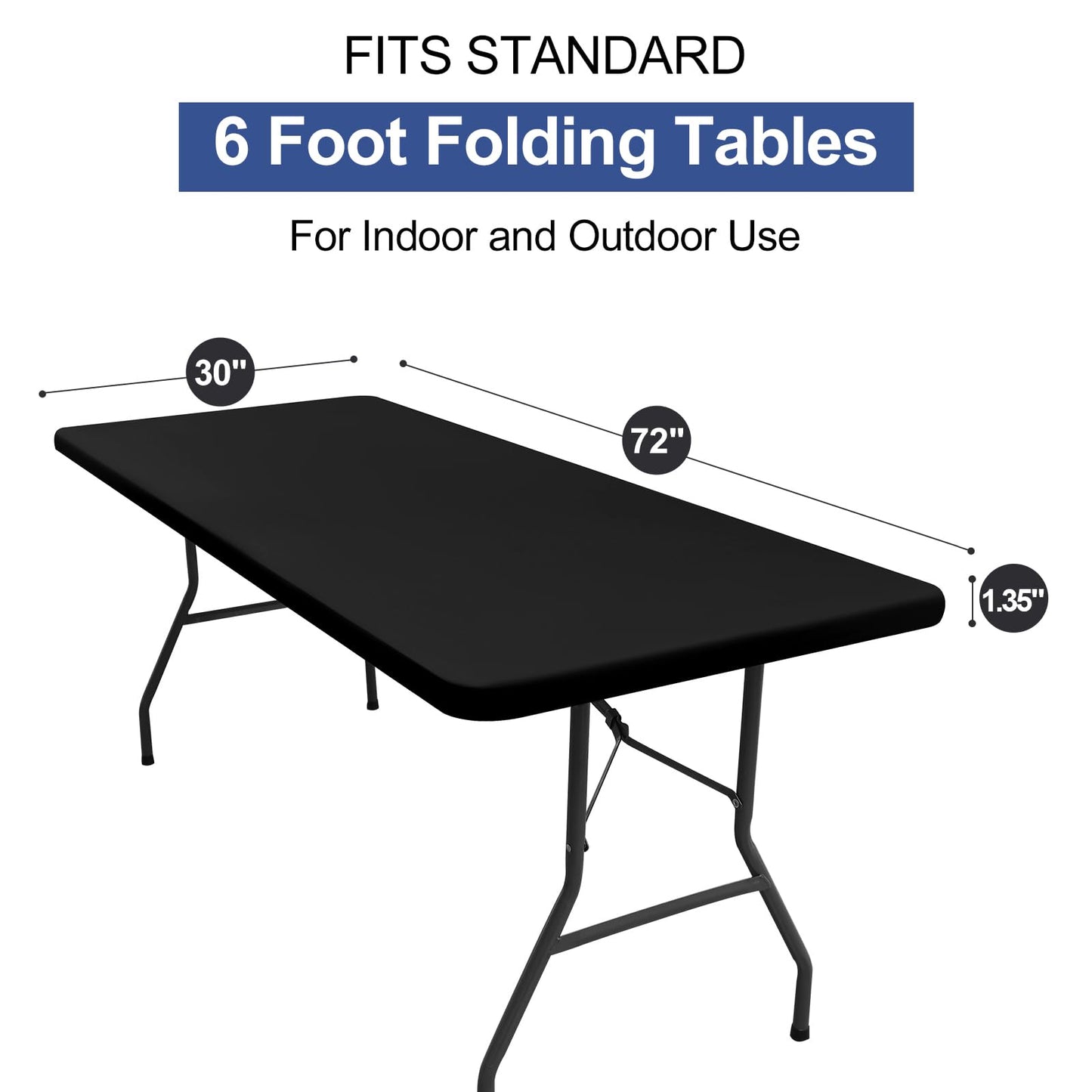 homing 6 Packs 6 Foot Rectangle Tablecloths, Washable Polyester Elastic Fitted Fabric Table Protector, Waterproof Table Cover for Picnic, Camping, Outdoor (Black, 30" x 72")