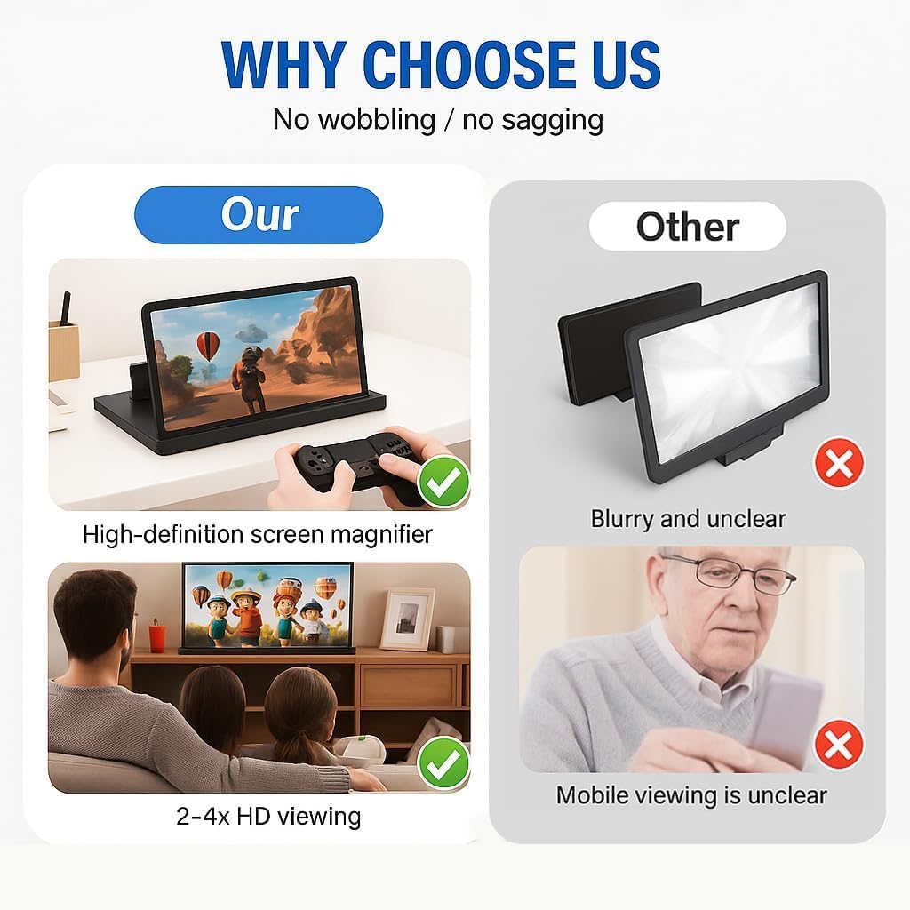 AIPULL 3X 12 Screen Magnifier for Cell Phone, Acrylic Phone Screen Enlarger with Adjustable Stand, Foldable Hands-Free