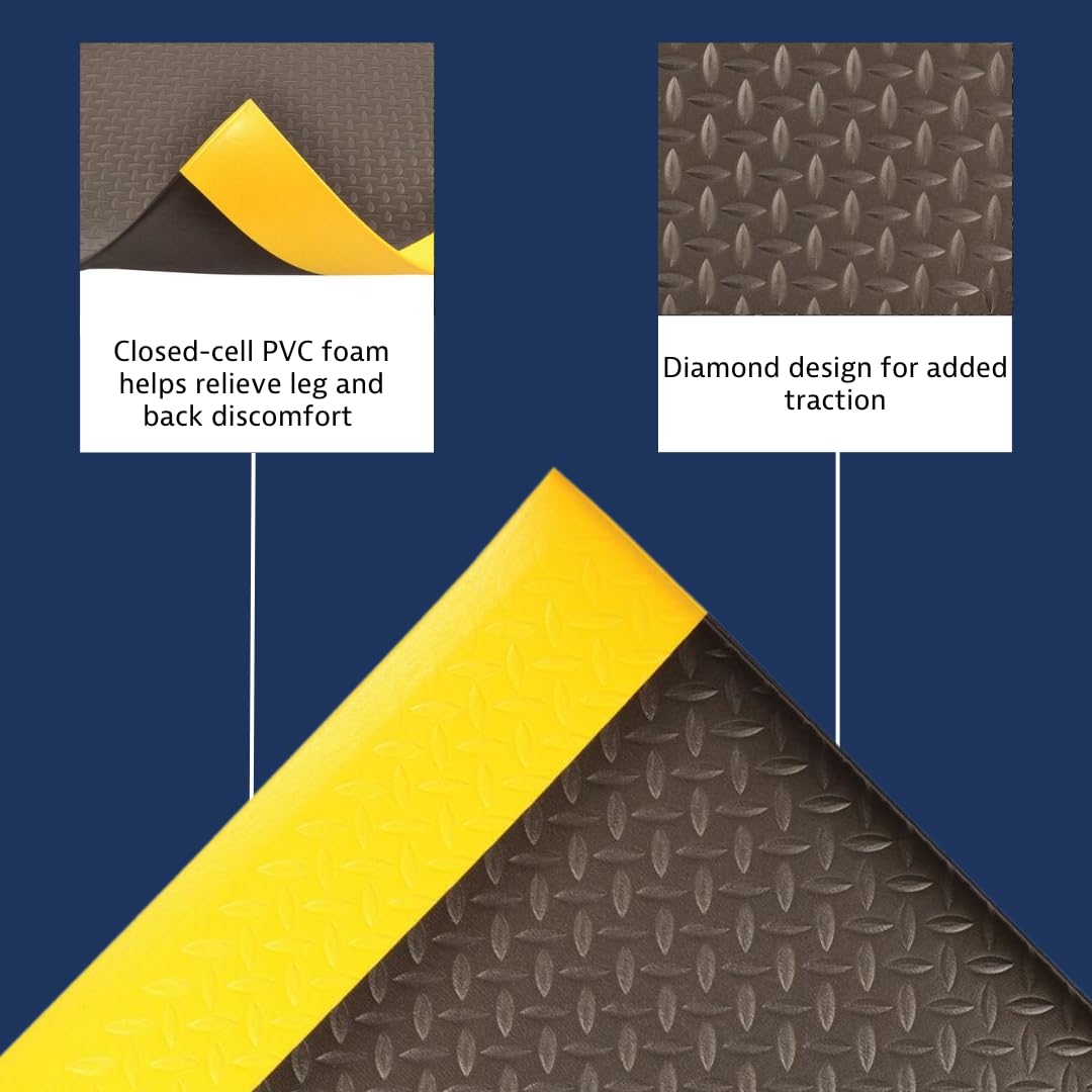 NoTrax 418 Diamond Tred™ 3' x 12' x 3/8" Anti Fatigue Mat, Enhanced Slip Resistance with Beveled Edges and Diamond Surface, Ideal for Industrial and Commercial Workplaces, Black/Yellow, 418S2312BY