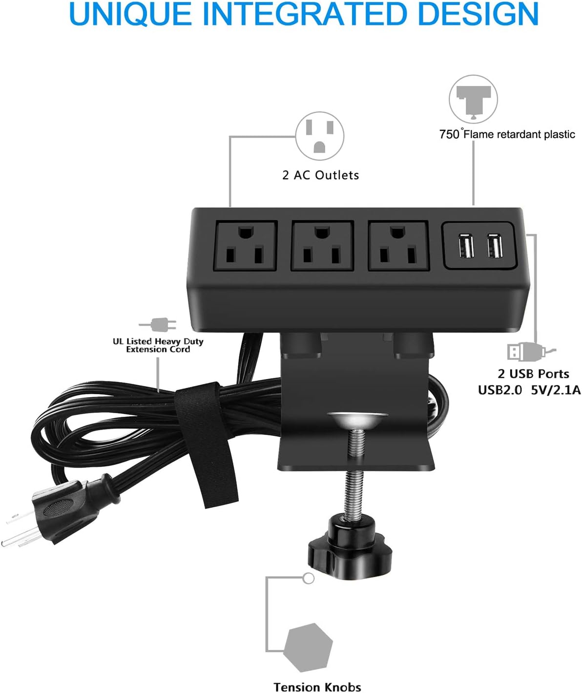 CCCEI 3 1200J. 125V 12A 1500W. Outlet Desk Clamp Power Strip with USB Ports, Desktop Power Strip Surge Protector Table