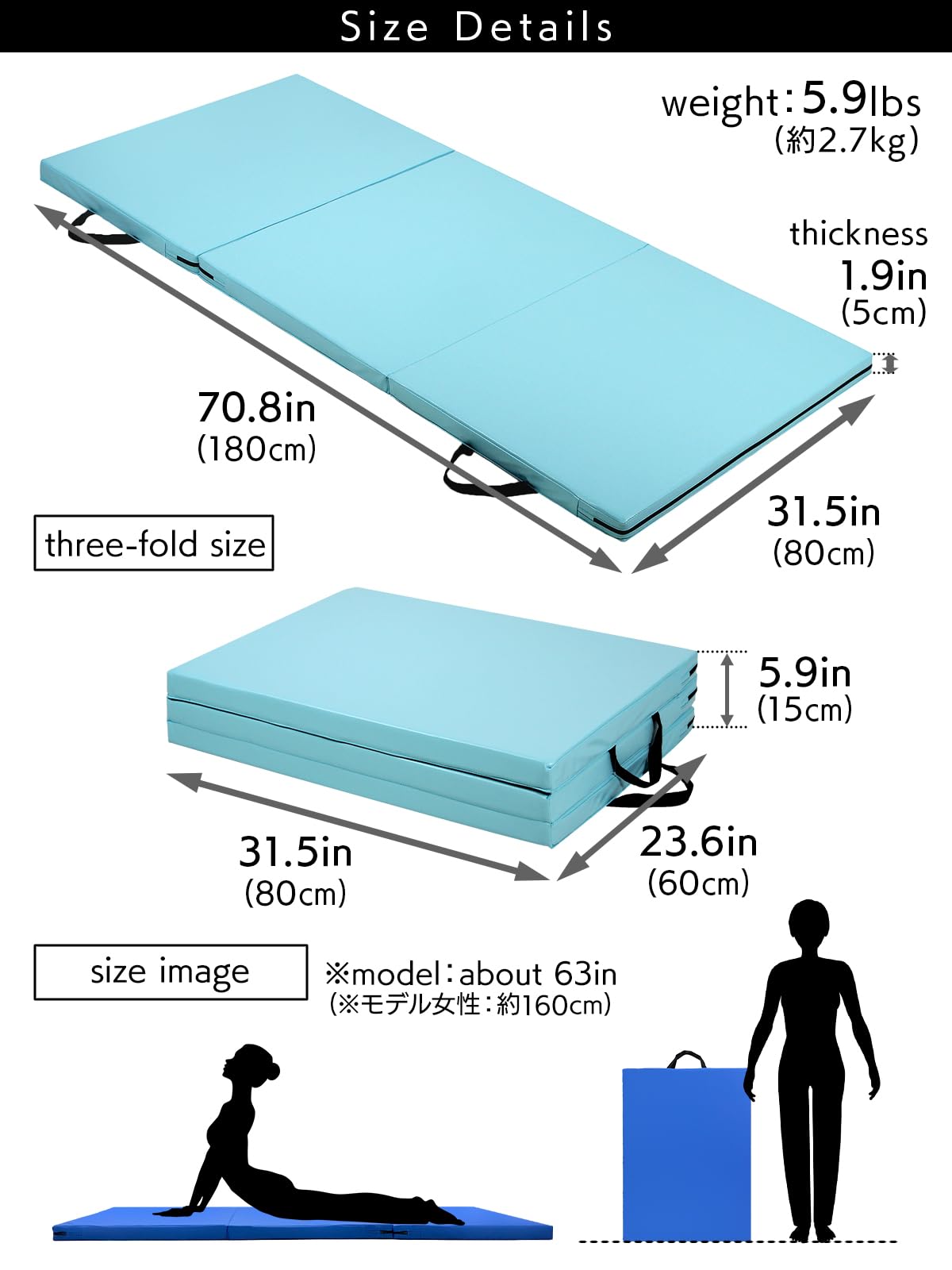 KaRaDaStyle Gymnastics Mat 3-Folding Stretch Mats 71"x31"x2" Exercise Muscle Training Children Play Horizontal Bar Mat Yoga Sports Soundproof Home Use (Black/3-fold)