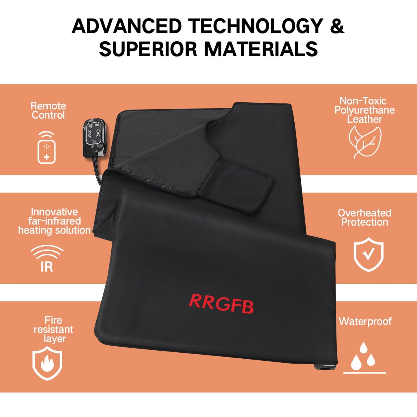 RRGFB Infrared Sauna Blanket, Durable PU Leather Cover Detox & Relaxation at Home Adjustable Timer, Size 6 ft x 2.6 ft(Black)