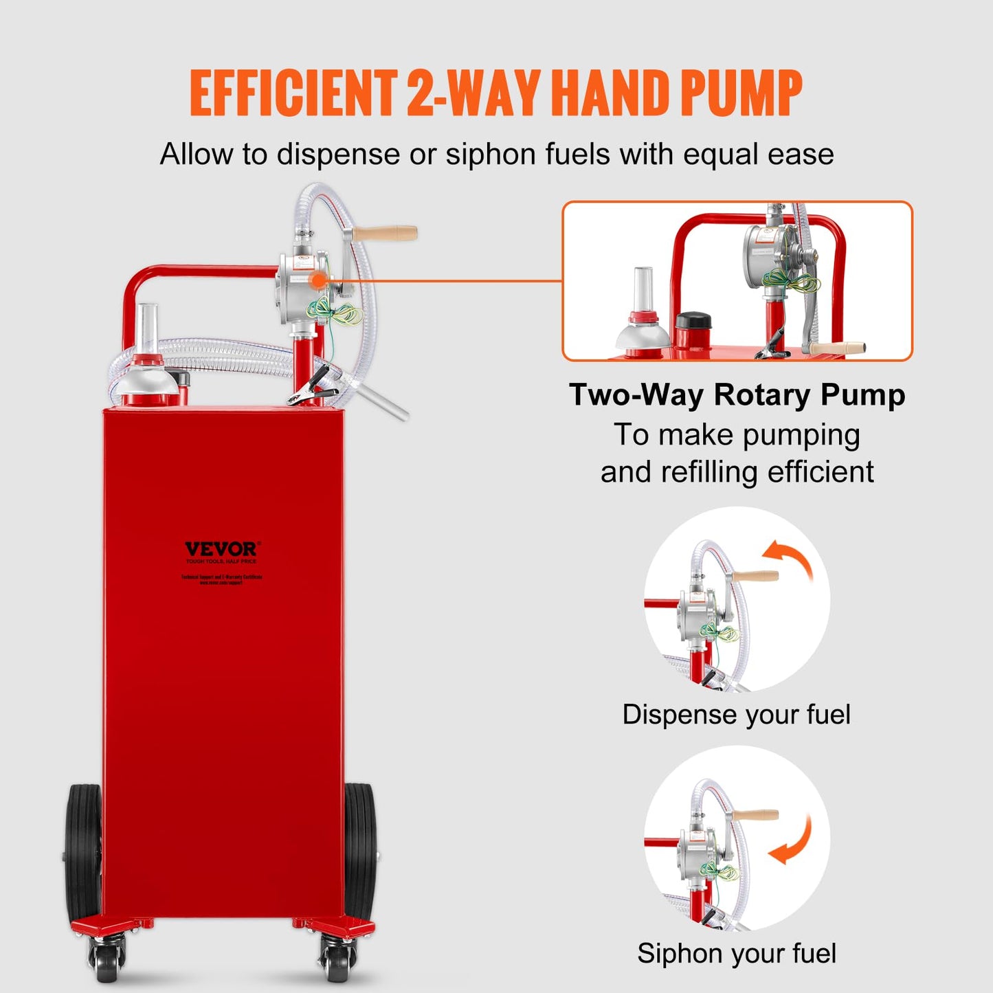 VEVOR Fuel Caddy 35 Gallon, Gas Storage Tank on 4 Wheels, with Manual Transfer Pump, Gasoline Diesel Fuel Container for Cars, Lawn Mowers, ATVs, Boats & More, Red