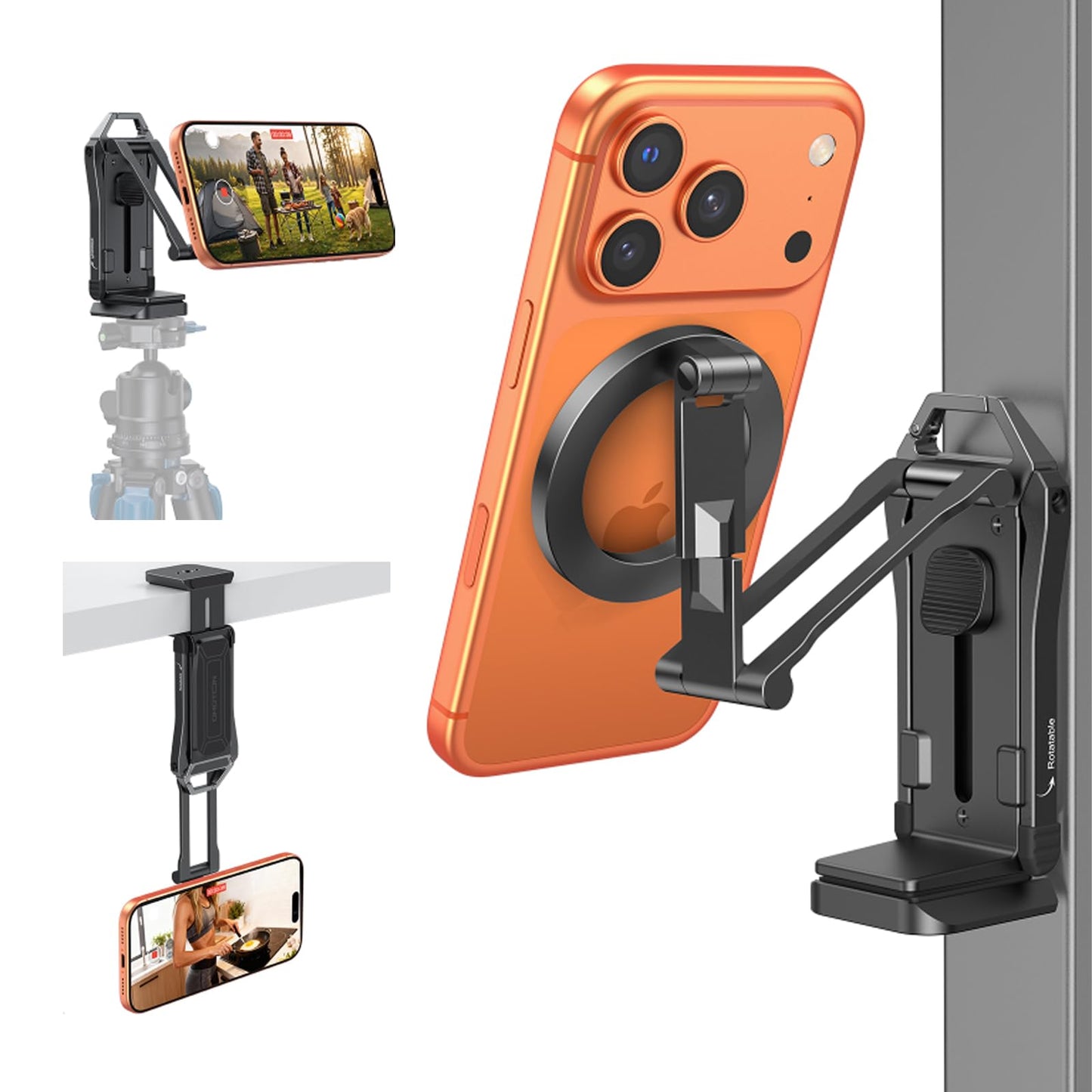 OMOTON TP02-Pro Magnetic Phone Holder for Vlogging, Content Creator Essentials with 1/4" Screw, Arca, Strong Back Magnet for Gym, Adjustable Phone Stand & Selfie Stick for iPhone 12-17 Series, Black