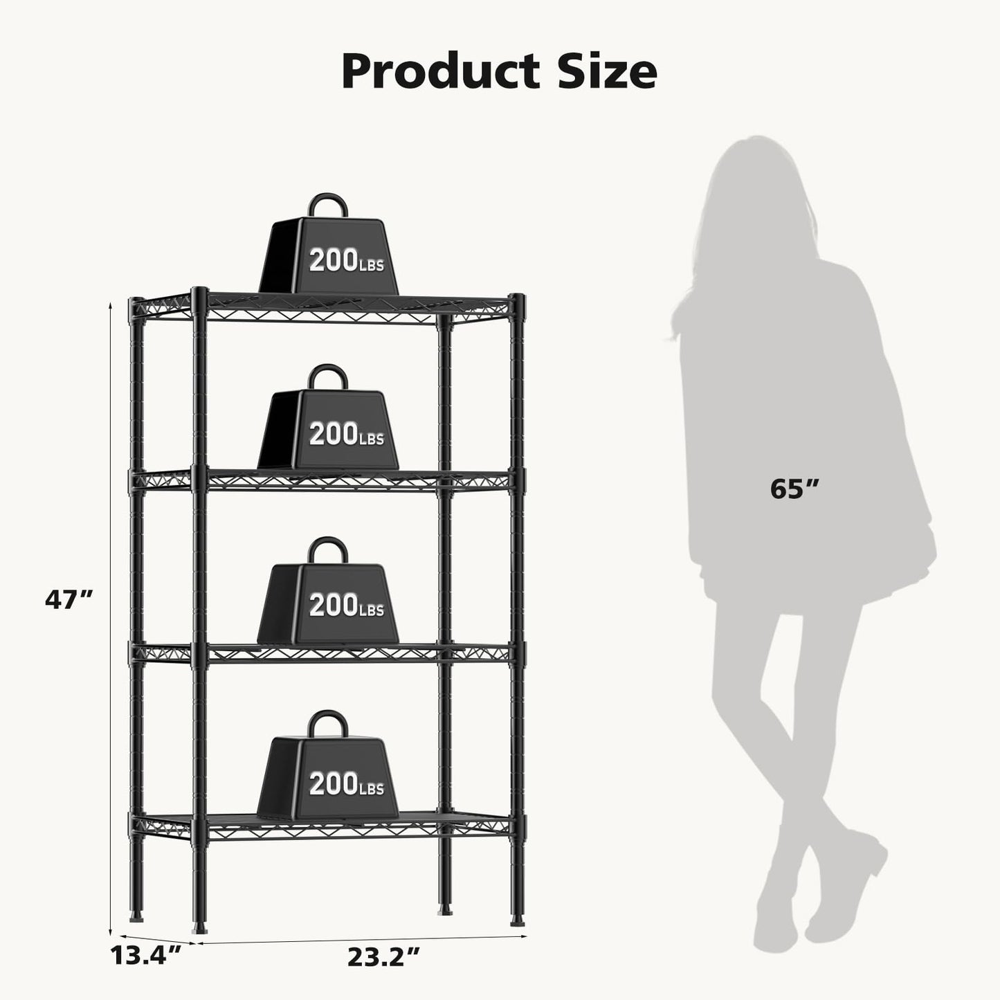DUMOS 4-Tier Metal Wire Storage Shelves, Adjustable Standing Storage Rack Shelf, Heavy Duty Steel Shelving Unit Organizers for Kitchen Bathroom Pantry Garage, 23.3" W×13.4" D×47" H, Black