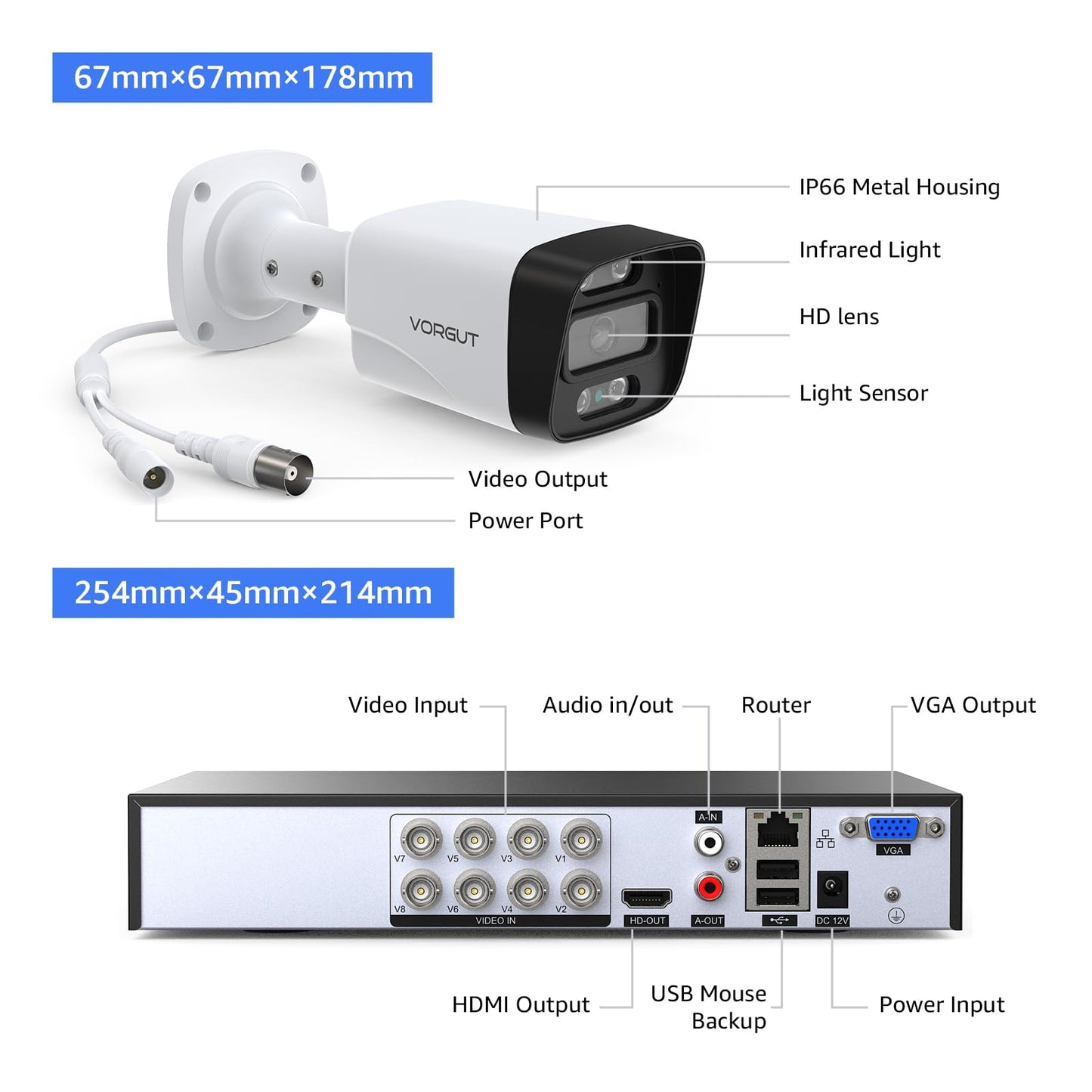 VORGUT Wired Security Camera System, 8 Channel 5MP Lite CCTV Surveillance DVR Kit with 4 x 3MP Home AHD Security Camera Outdoor, IP66 Waterproof Metal Shell, Remote Access, Smart Detection,500G HDD