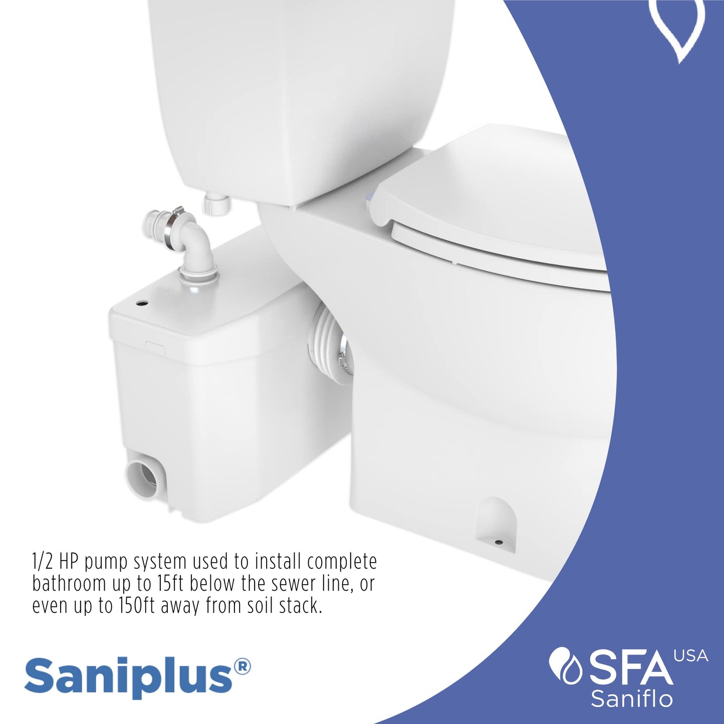 SFA SANIFLO - Saniplus - Macerating Pump - Full-Bathroom Applications - Dual Purpose - Hardened Stainless Steel - 4 Years Warranty - Certified CSA (IPC, NSPC), IAPMO (UPC) - Made In France