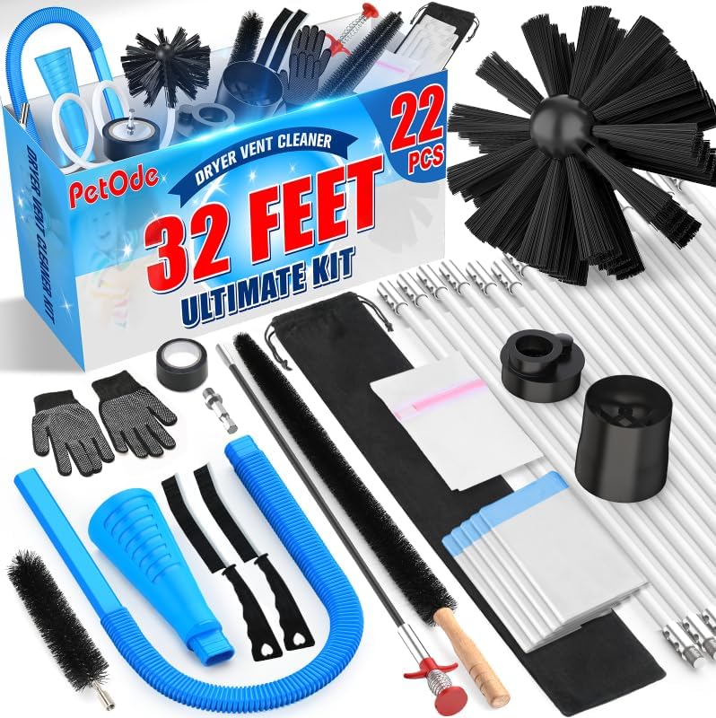 PetOde Dryer Vent Cleaner Kit - 32-Feet Lint Remover with Flexible Brush & Vacuum Attachments