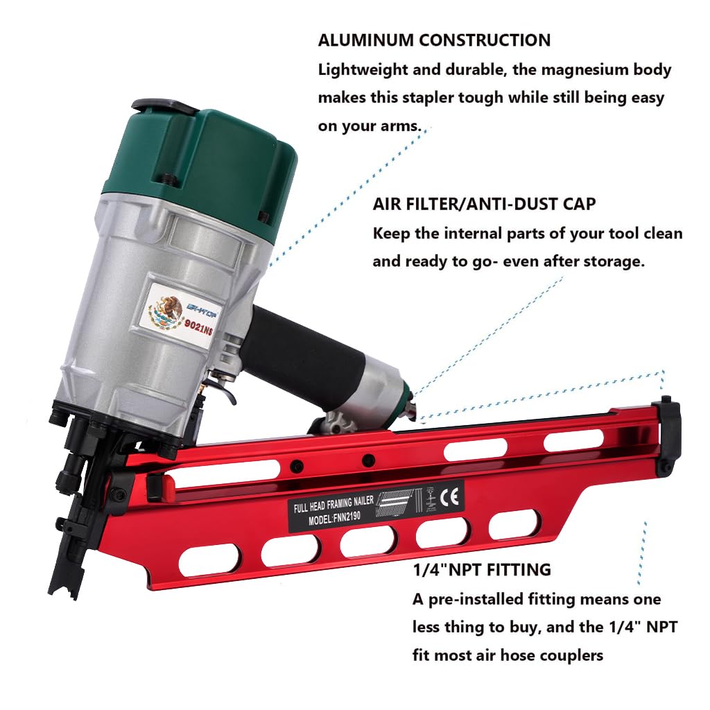 BHTOP Mexican Style 9021NS Framing Nailer 21 Degree 3-1/2" with Depth Adjustment Professional Air Nail Gun
