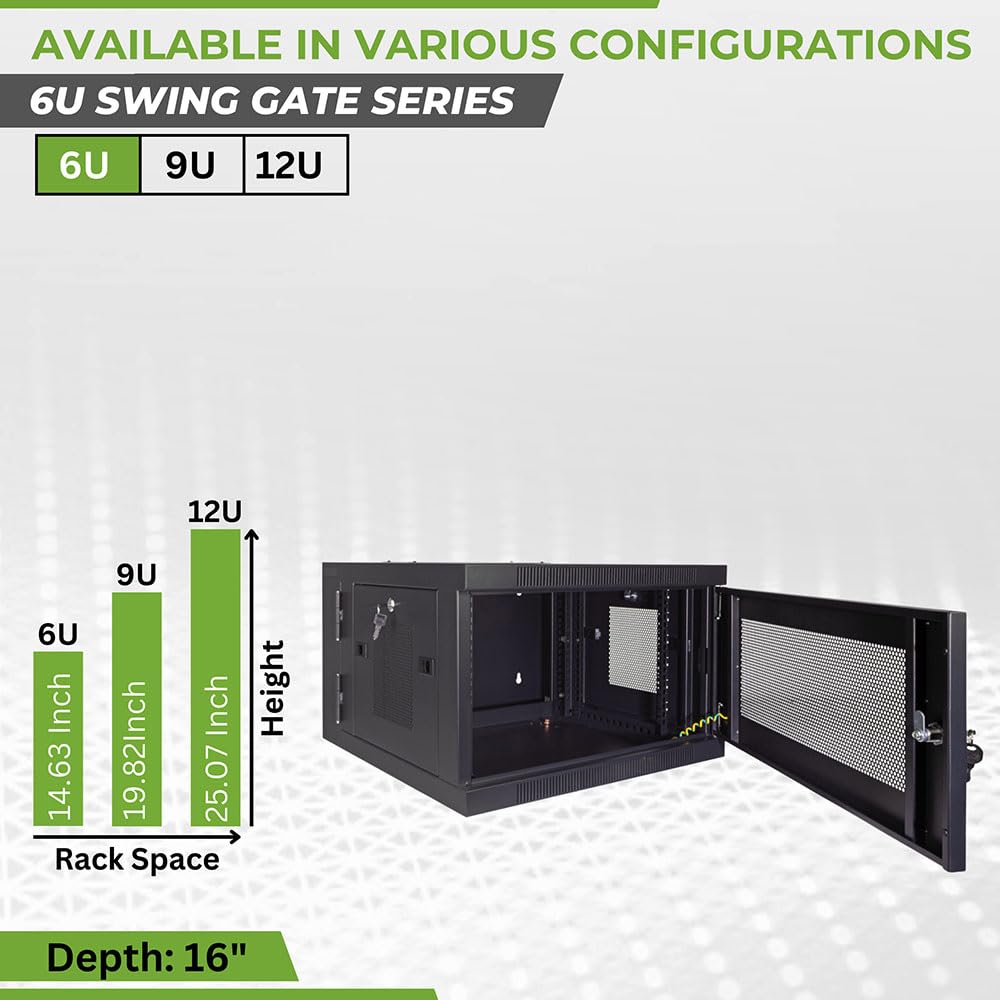NavePoint 6U Server Cabinet with Hinged Back - 17.7” Deep, Server Rack Enclosure with Locking Perforated Door, Wall Mount Rack with Removable Side Panels, Network Cabinet, Pre-Assembled