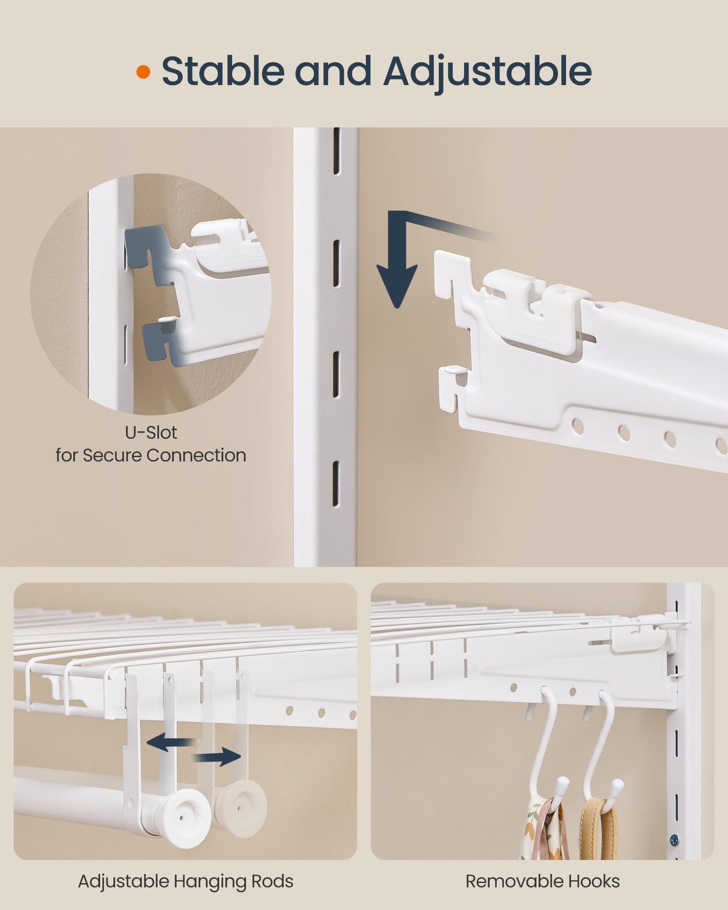 SONGMICS HOME Closet System, Closet Insert Organizer, 4-6 ft, Adjustable Metal Shelving Unit with 6 Hanging Rods, 6 Shelves, and Hooks, for Pantry Mudroom Garage Basement, Cloud White URGR032W01