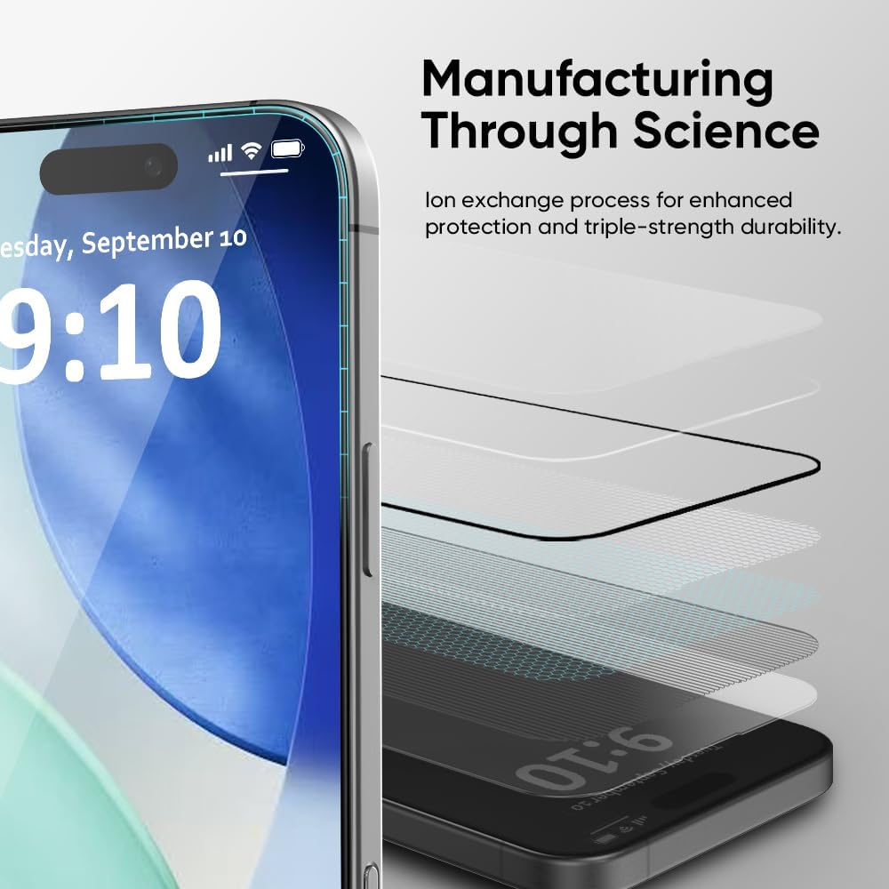 2 Pack 17 FLOLAB NanoArmour ONETIME for iPhone Pro Screen Protector, Tempered Glass, Ultra Clear, InfinityEdge-to-Edge