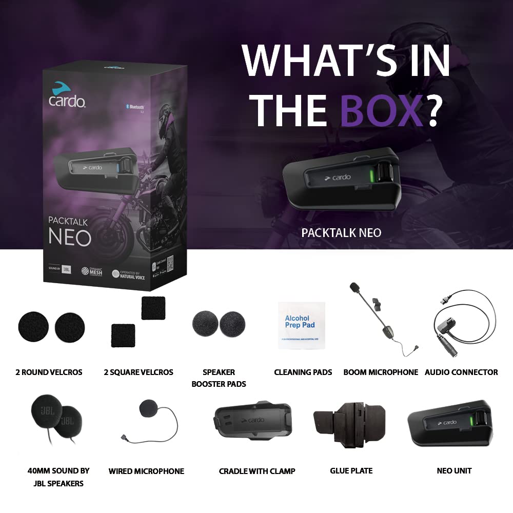 Cardo Packtalk Neo Motorcycle Helmet Communication Intercom System, Waterproof, 2nd Generation Mesh - Connect Up to 15 Riders, Natural Voice Operation, 40mm High Definition Speakers - Single Pack