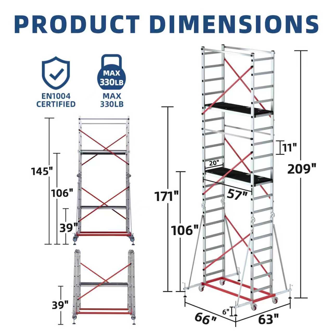APARECIUM 18‘ Aluminum Scaffold Tower, Multipurpose Rolling Scaffolding Work Platform, Utility Scaffolding Tower, Adjustable Work Platform with Hatch Deck and Guard Rail, 500 Lbs Duty Rate