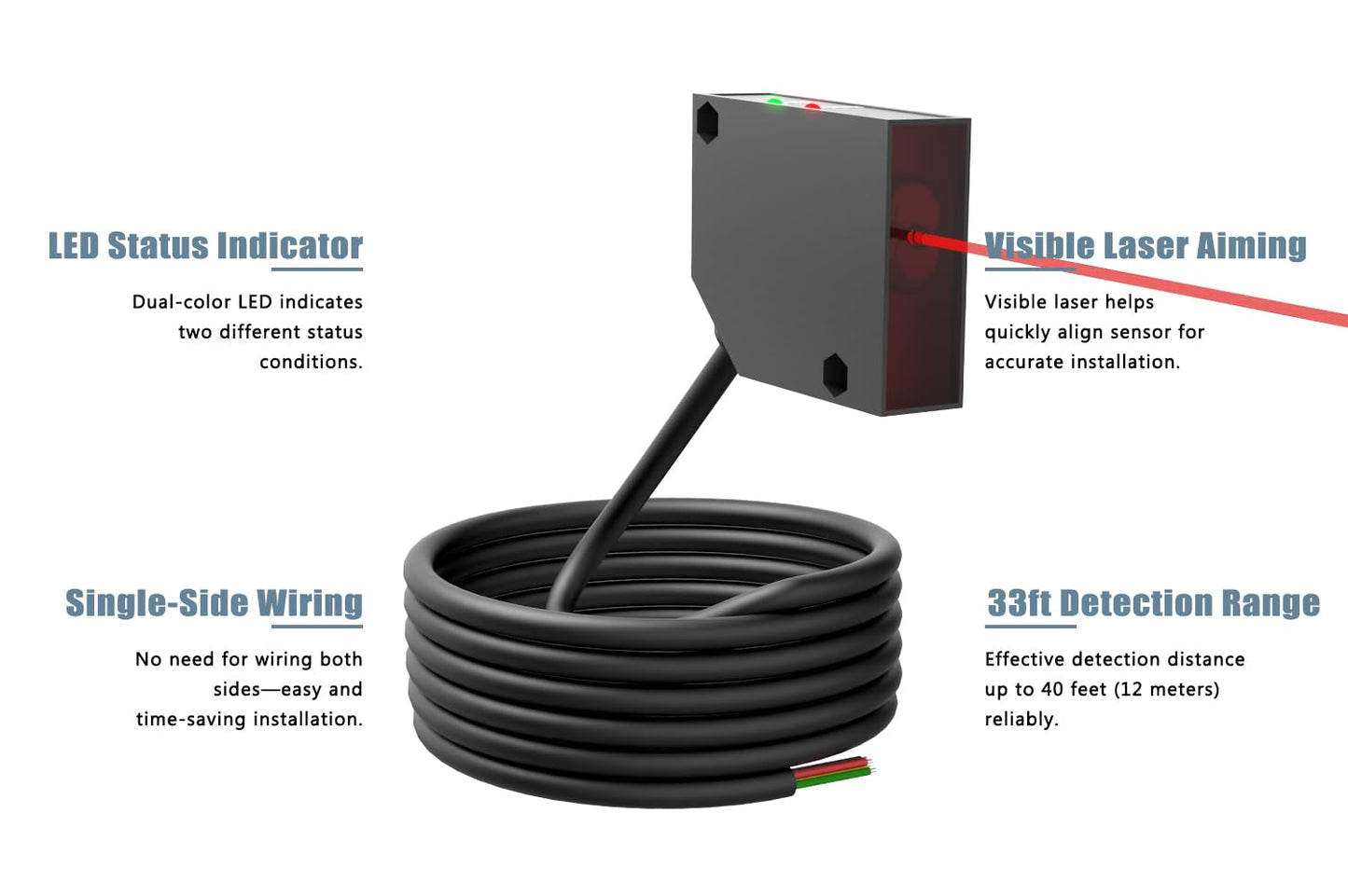 Blütezeit Retro-Reflective Photoelectric Sensor, 40ft Visible Red Beam Wall Mounted for Automatic Swing & Sliding Gate Openers Indoor/Outdoor, Compatible with Blütezeit Gate Motors (ME-R12M1)