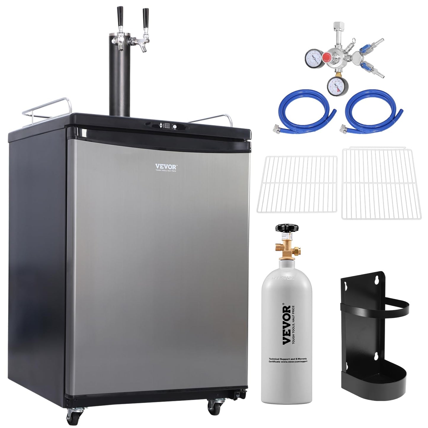 VEVOR Beer Kegerator, Dual Tap Commercial Draft Beer Dispenser for D system, Full Size Keg Refrigerator with 5lbs CO2 Tank, Hold 2 Sixth / 3 Ball lock keg, Silver
