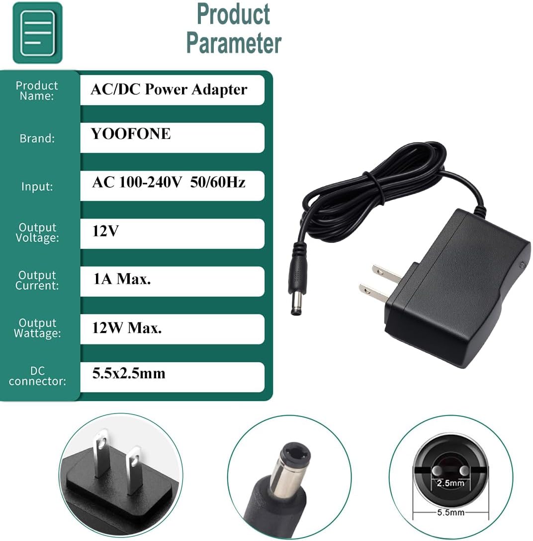 YOOFONE 12V 1A 100-240V 12V 1Amp 12V 5.5x2.5mm Power Supply AC Adapter to Power Adapter Converter DC Power Cord