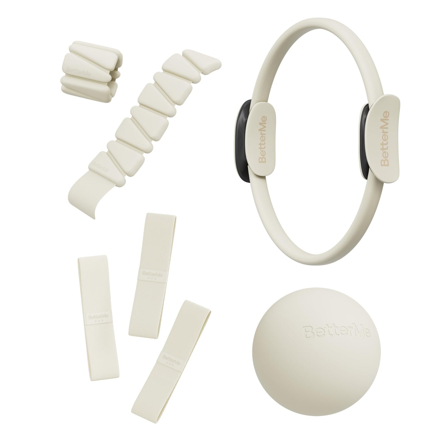 BetterMe Bubble Butt Kit – Pilates Ring, Weight Bands, Soft Ball & Loop Bands – Glute Training Pilates Kit for Women – Home Workout Pilates Equipment Set (Ivory)