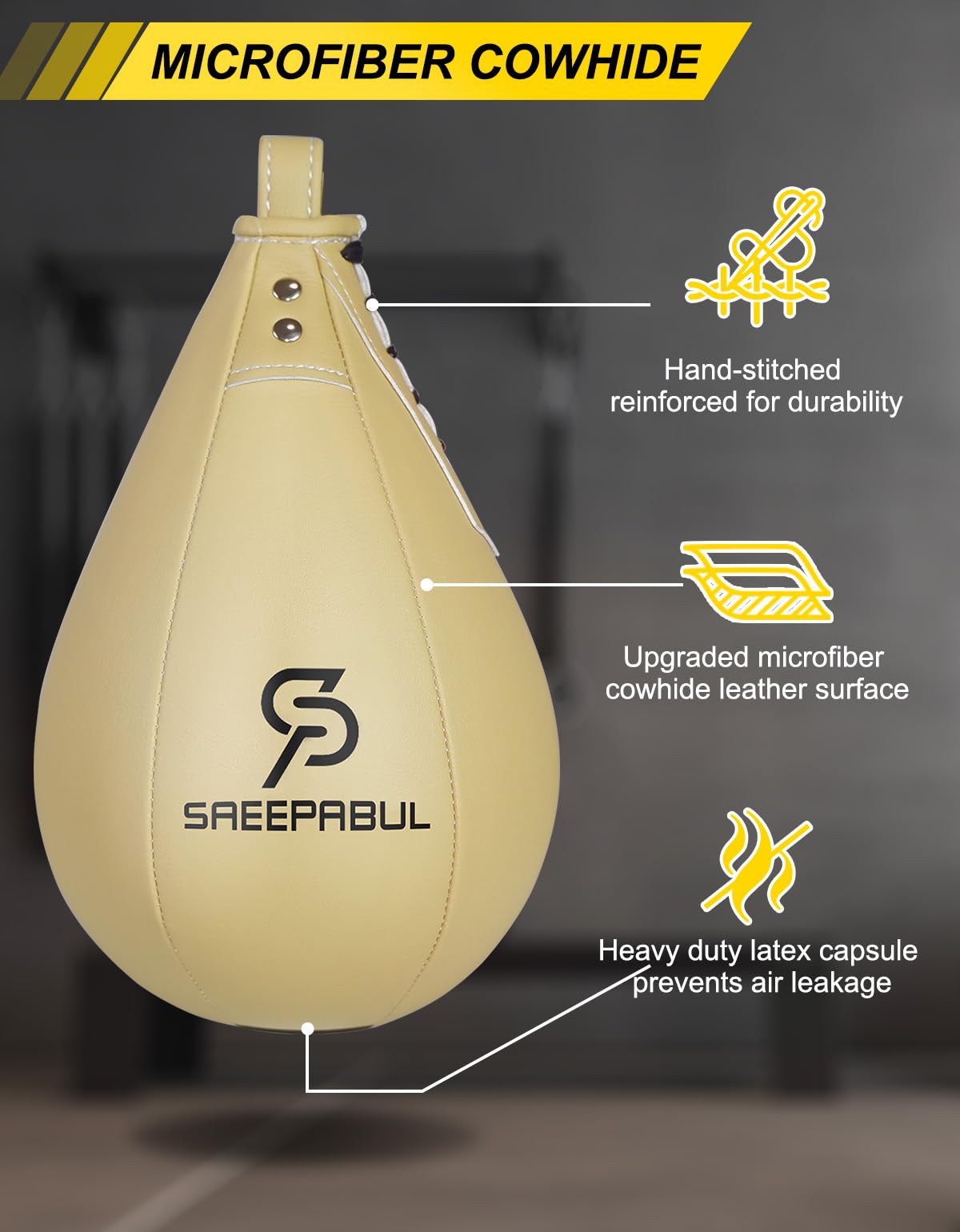 SAEEPABUL Boxing Speed Bag for Adults - Professional Synthetic Leather Punching Bag with Latex Bladder, Adjustable Training Equipment for Home Gym Fitness Beige
