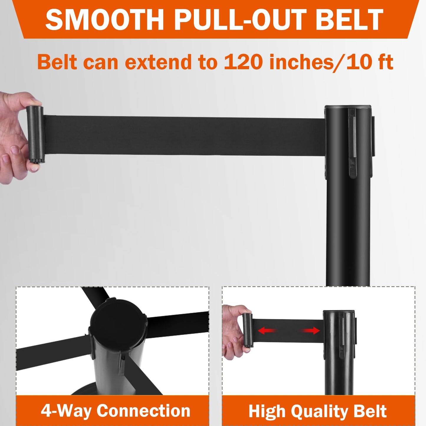 OranclUS 6 Pack Crowd Control Stanchions with 10FT Retractable Belt, Water Filled Base, Black Barrier Posts for Queue Management, Events, and Public Safety