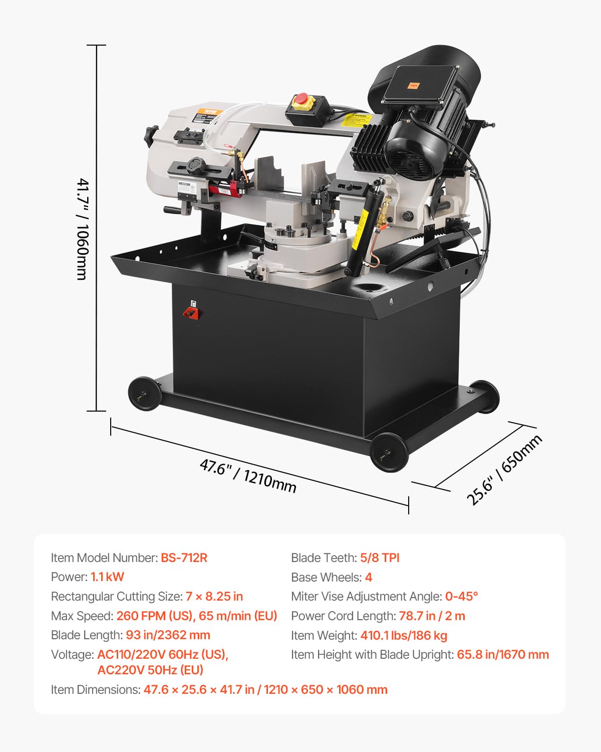 VEVOR Metal Horizontal Band Saw, 7 x 8.25 in Rectangular Cutting Capacity, 110/220V Vertical Cutting Bandsaw with 1.1 kW Motor, 0-45° Angle Adjustment, Variable Speed, for Metal, Wood, and Plastic
