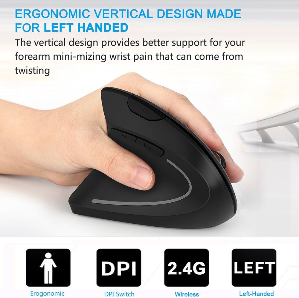 Lekvey 2.4 Left Handed Mouse, Wireless GHz USB Lefty Left Hand Ergonomic Vertical Mouse, Less Noise - Black