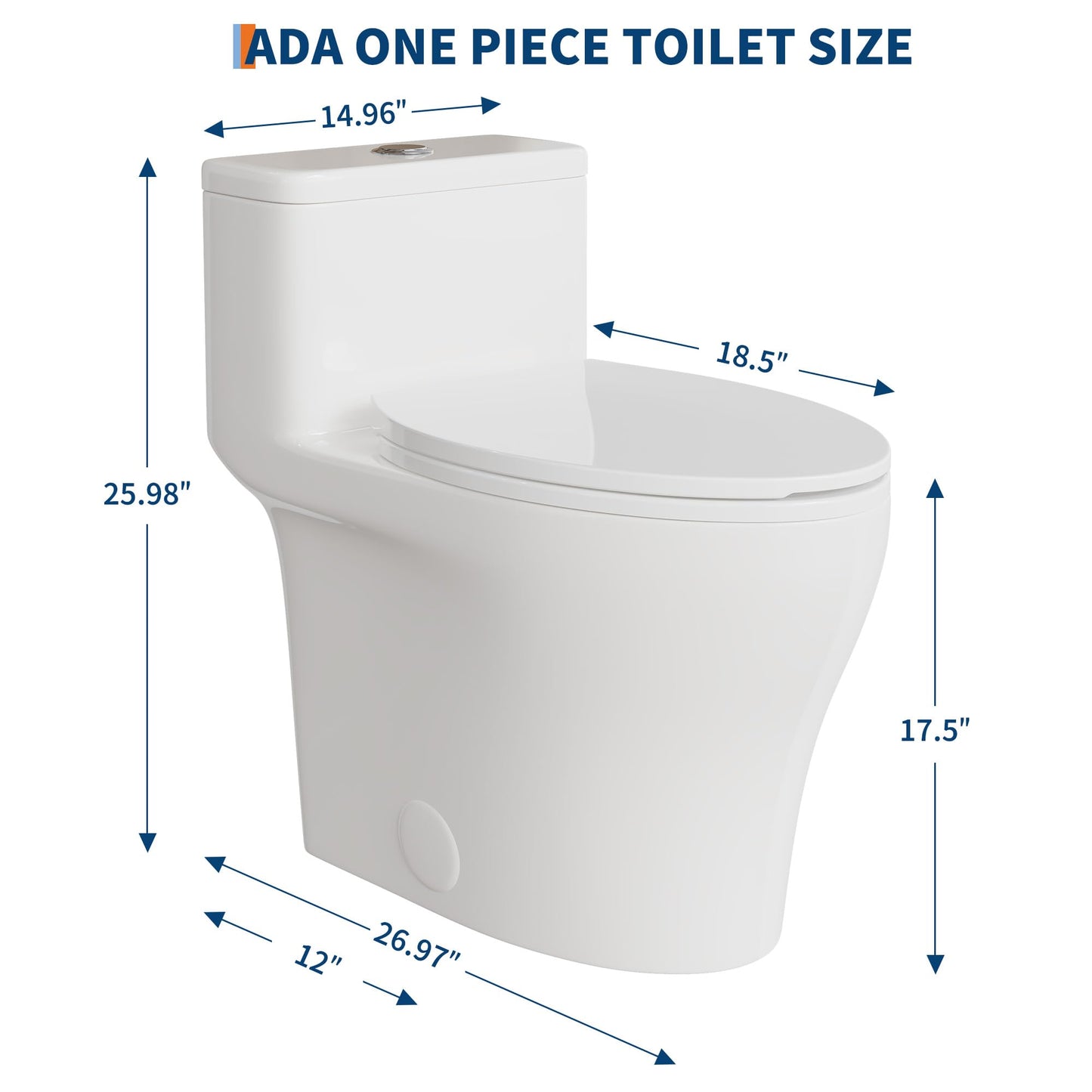 One-Piece Toilets, Low Water Tank, ADA 17.5" Seat Height, Water-Saving Design, Compact Modern Bathroom Toilet