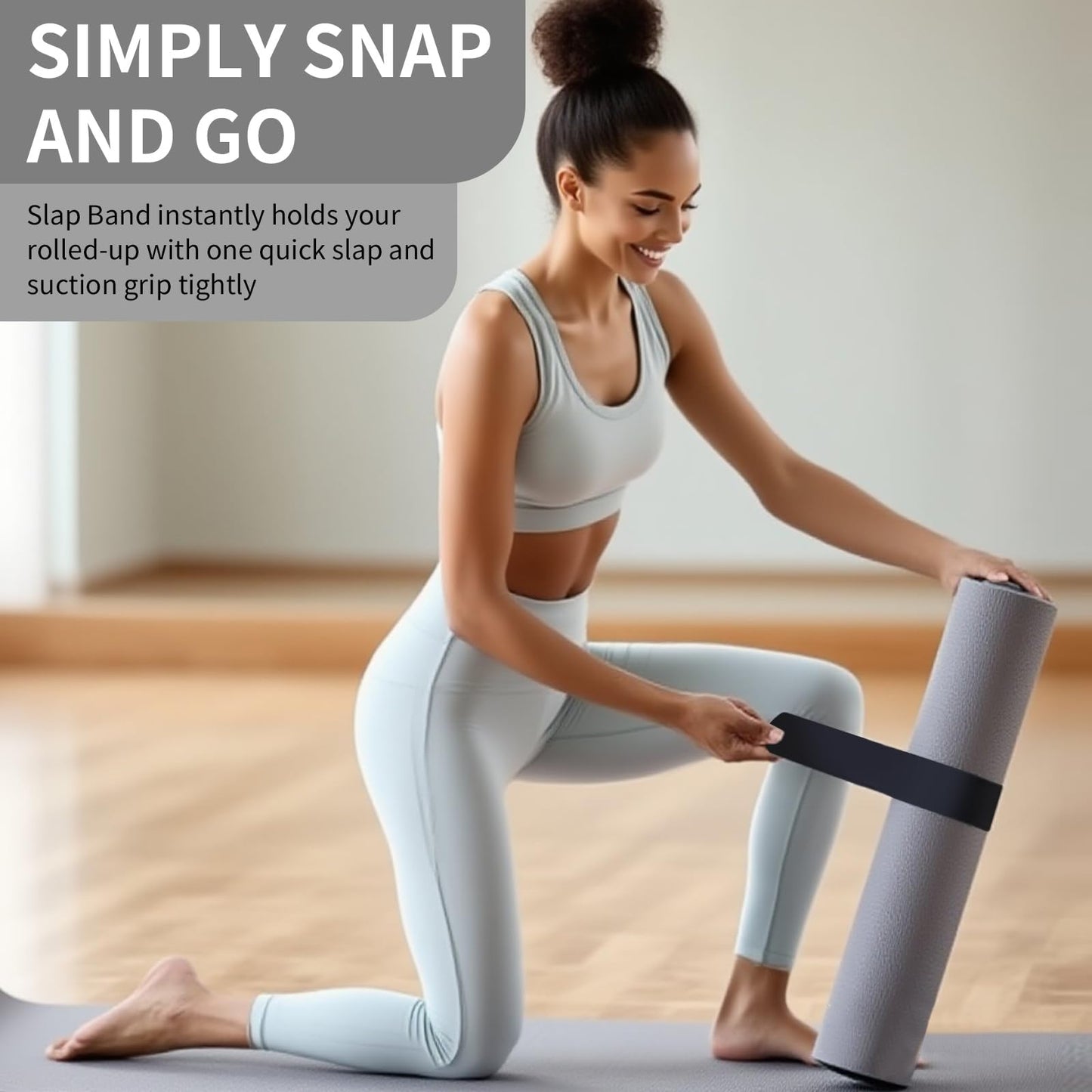 Yoga Mat Strap Slap Band- Extended Silicone Self-Rolling Mat Tie with Suction Cup Grip - Silent Snap Holder & Carrier for Thick Mats, Foam Rollers(25"L x 2"W) (Black)