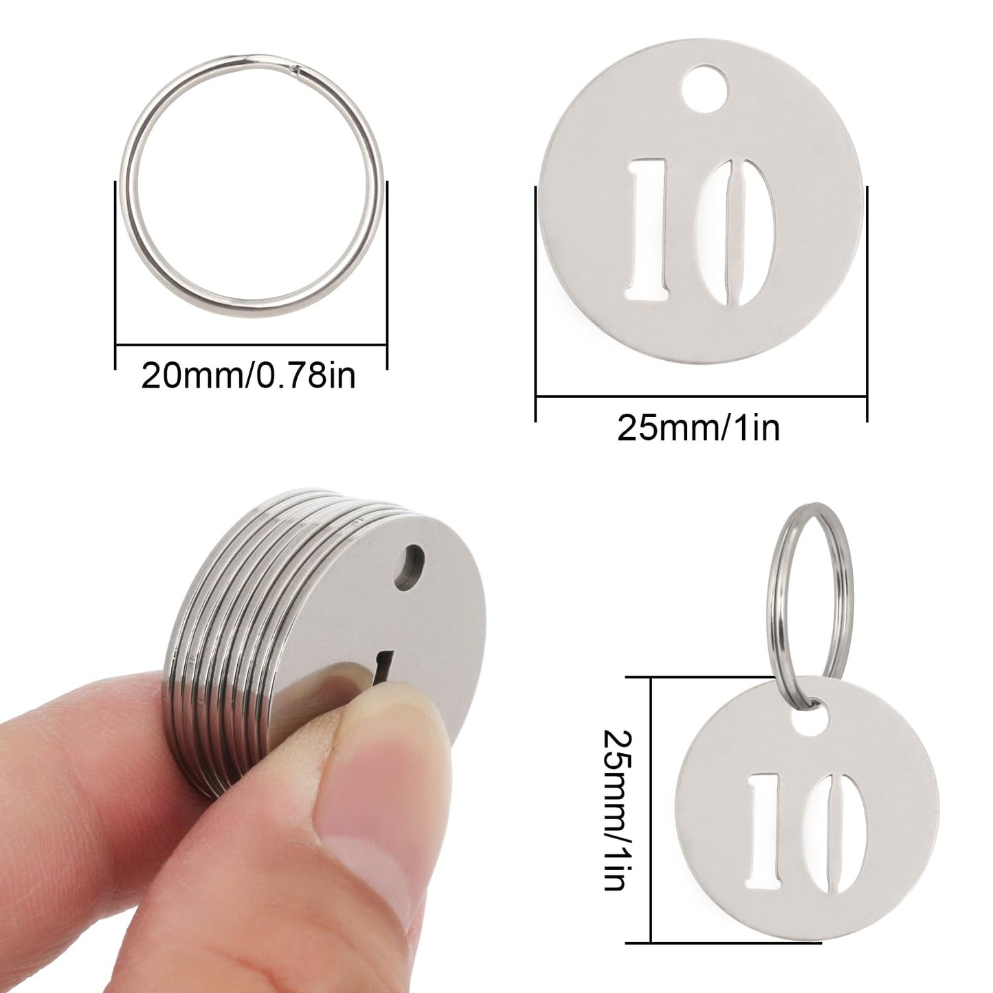 NumRealm Number Key Tags with Rings, 1" 304 Stainless Steel Key ID Tags, Metal Number Labels - 1 to 10
