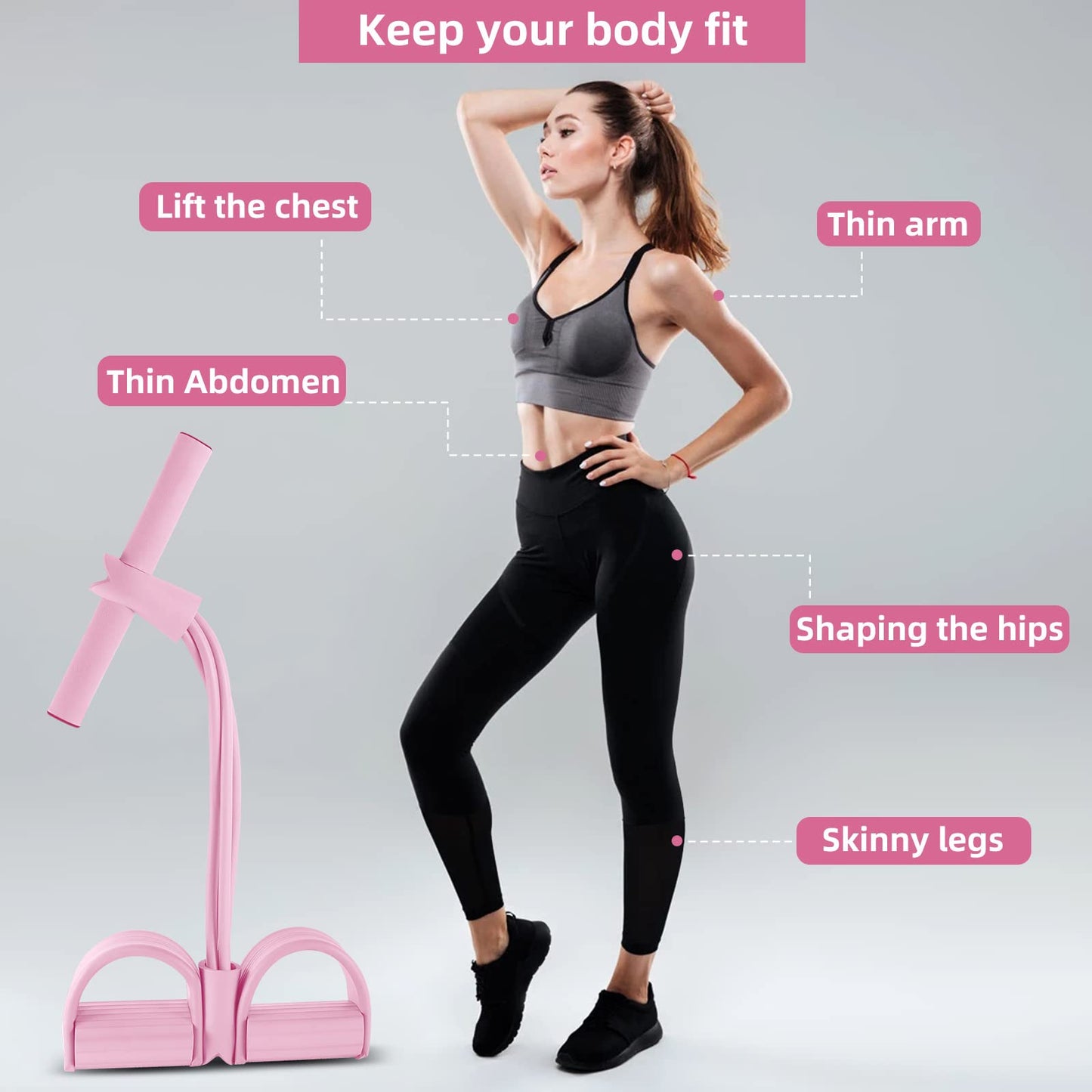 Multi-Function Tension Rope – 4 Tube Resistance Bands with Handles – Sit Up Exercise Equipment Home Gym Tummy Trainer for Men Women (Pink) …