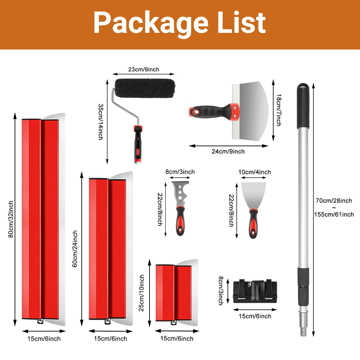 DEKEones Drywall Skimming Tools Set with 10”24”32” Skimming Blades, a Paint Roller, a Extension Pole and 3 Kinds of Putty Knife Tools for Smoothing Wall and Ceiling